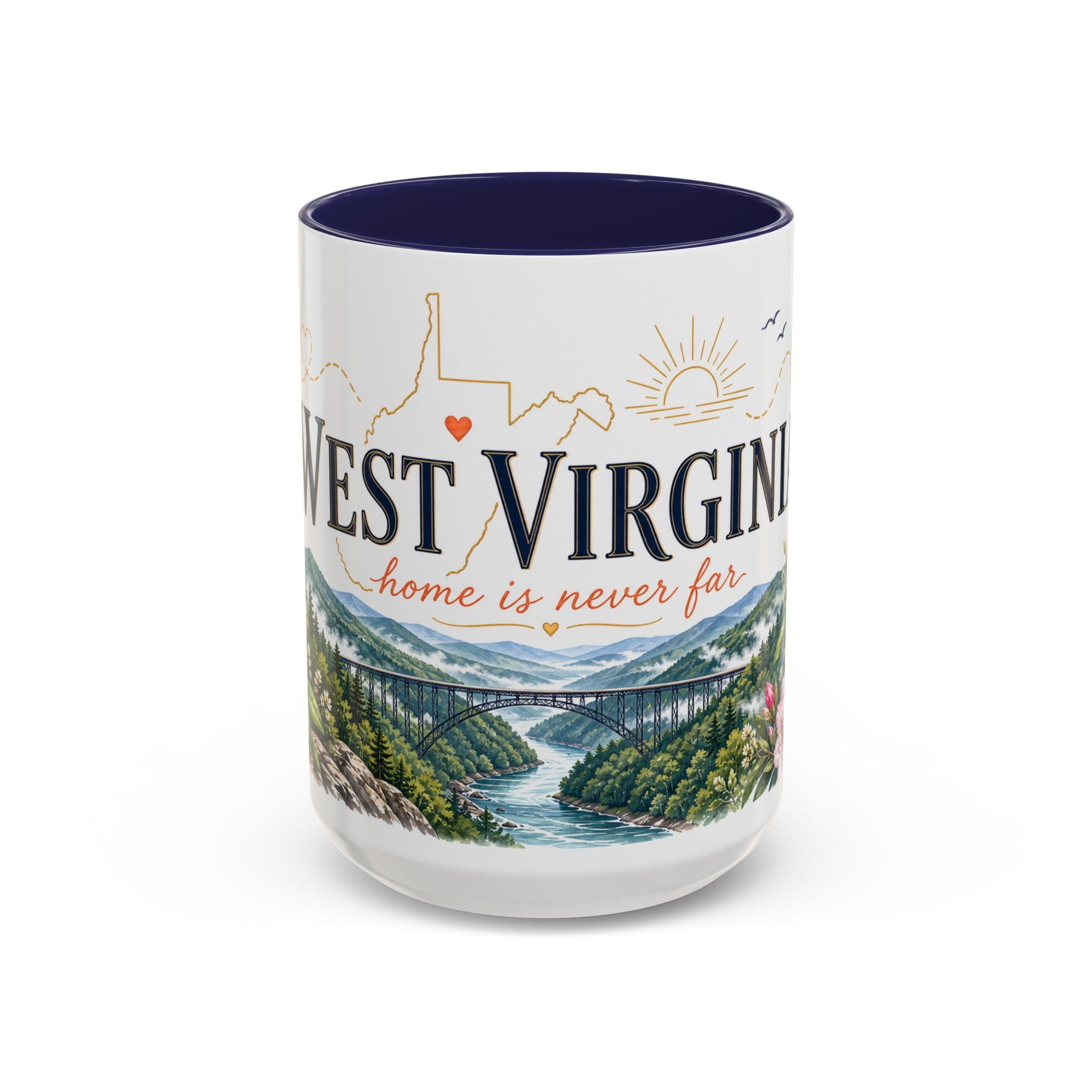 West Virginia State Map Mug | Appalachian Bridge, Rhododendron Accent Coffee Cup