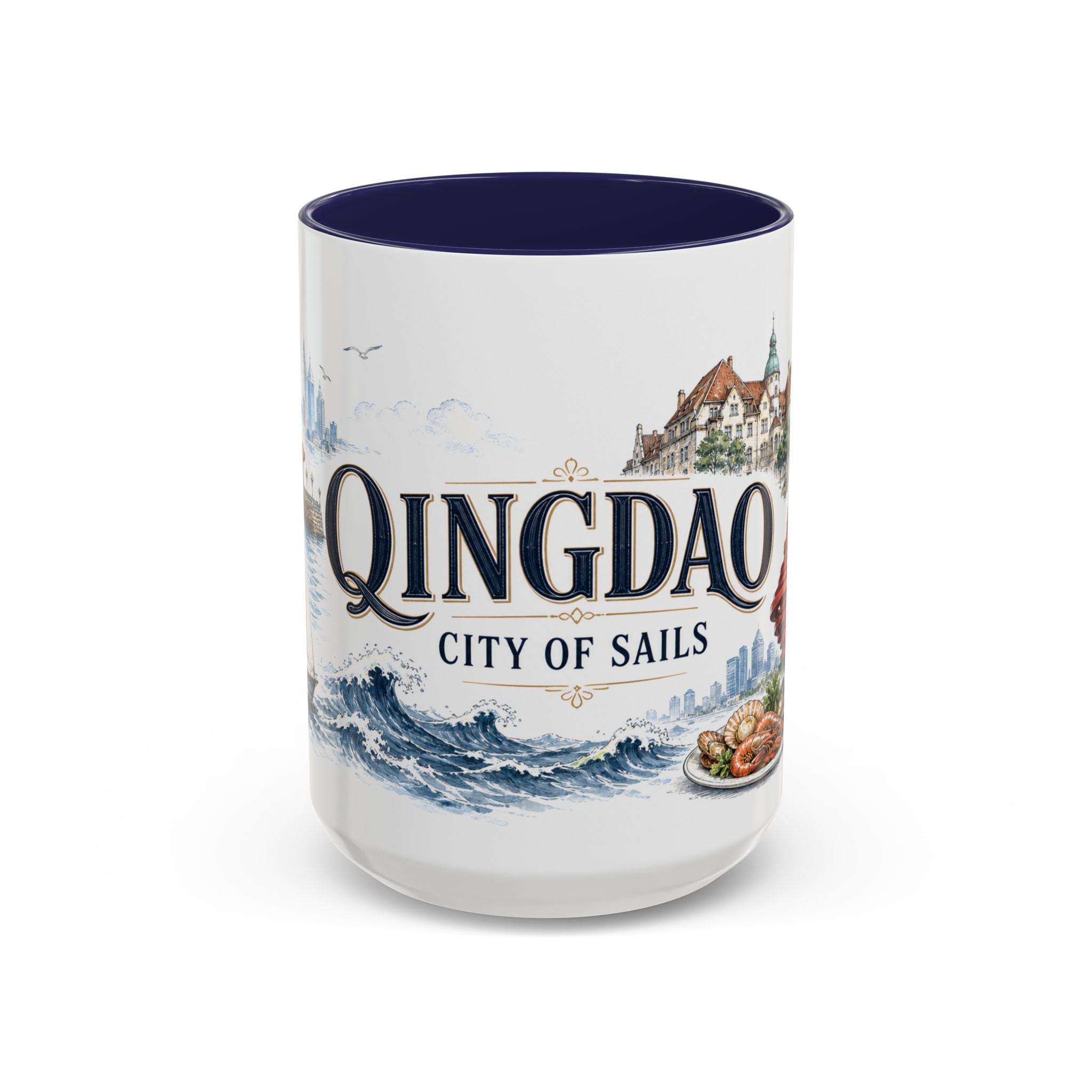Qingdao Coffee Mug | China Travel Souvenir | Vintage Illustrated City Gift | 11 oz 15 oz Accent Mug