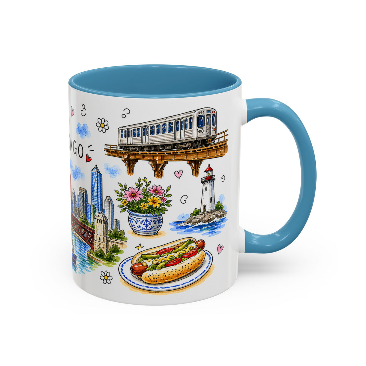 Chicago Illustrated Travel Mug | City Souvenir Accent Coffee Mug | 11oz 15oz Ceramic Cup