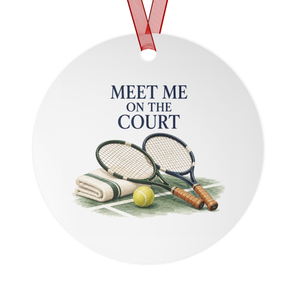 Front view of a round aluminum ornament with tennis artwork.