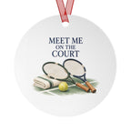 Front view of a round aluminum ornament with tennis artwork.