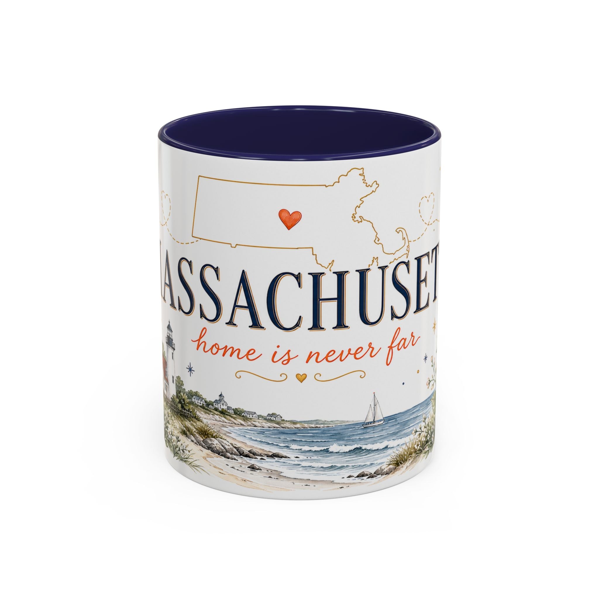 Massachusetts State Map Mug | Coastal Scene, Botanical Accents (11oz, 15oz)