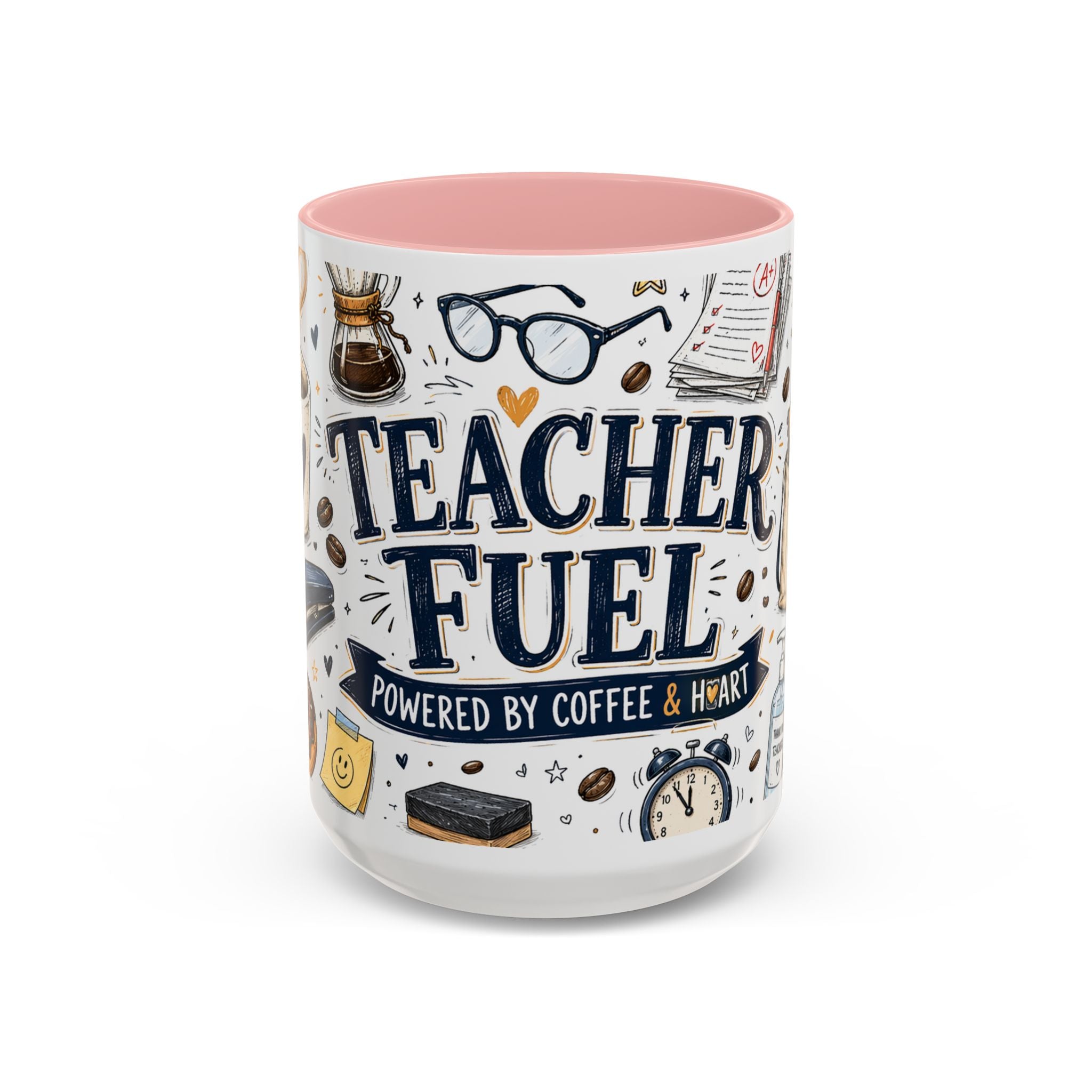Teacher Fuel Coffee Mug | Powered by Coffee and Wine Funny Gift | Accent Color Ceramic 11oz 15oz