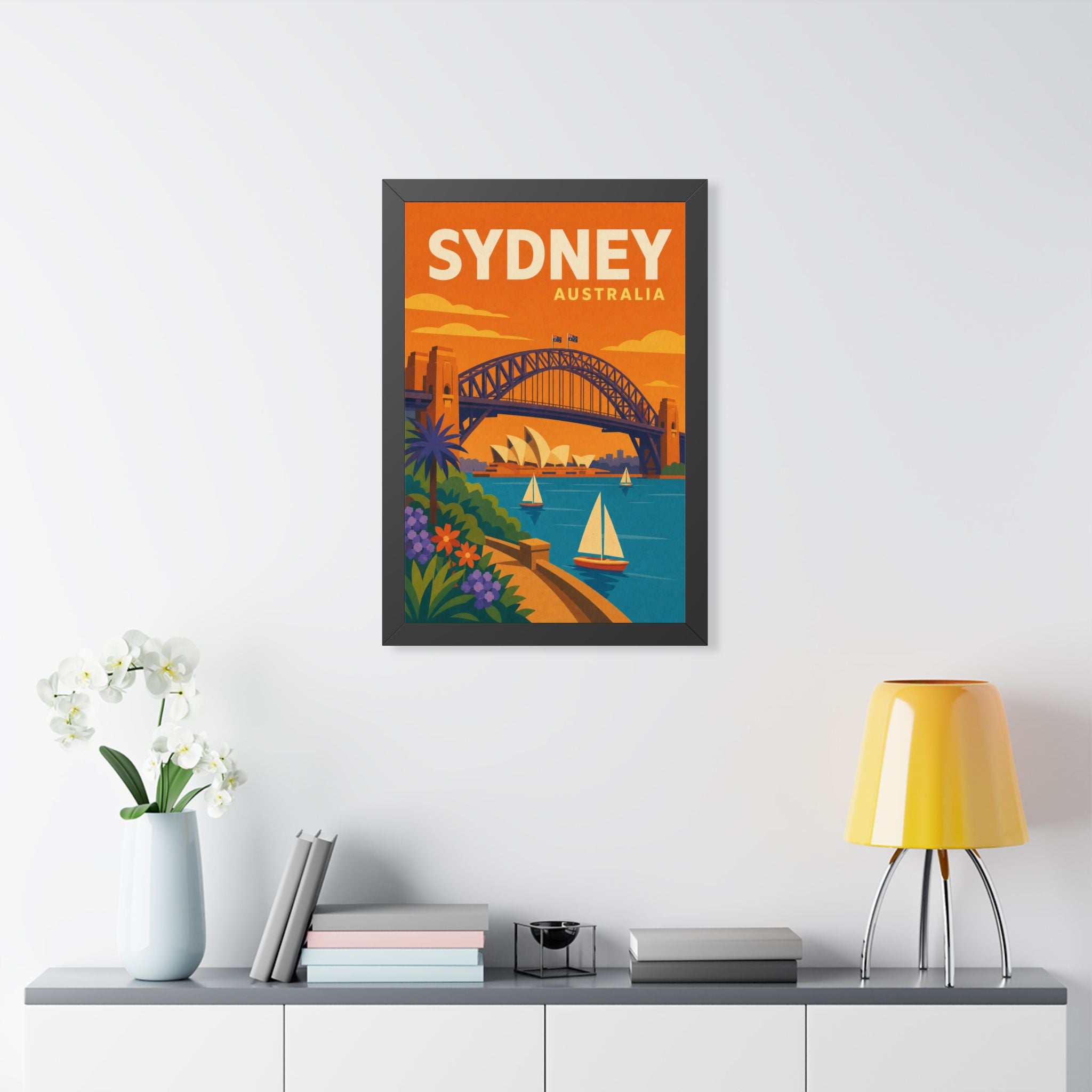 Sydney Harbour Australia Framed Poster | Vintage Travel Wall Art | Black Walnut White Frame | 16x24 20x30