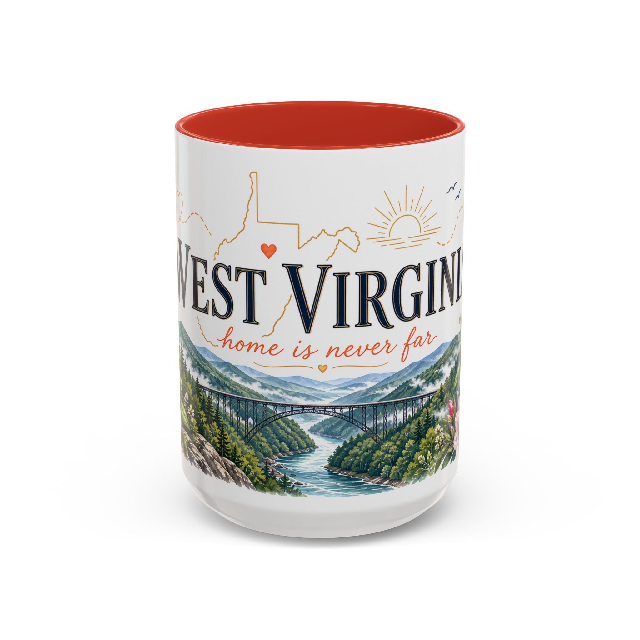 West Virginia State Map Mug | Appalachian Bridge, Rhododendron Accent Coffee Cup