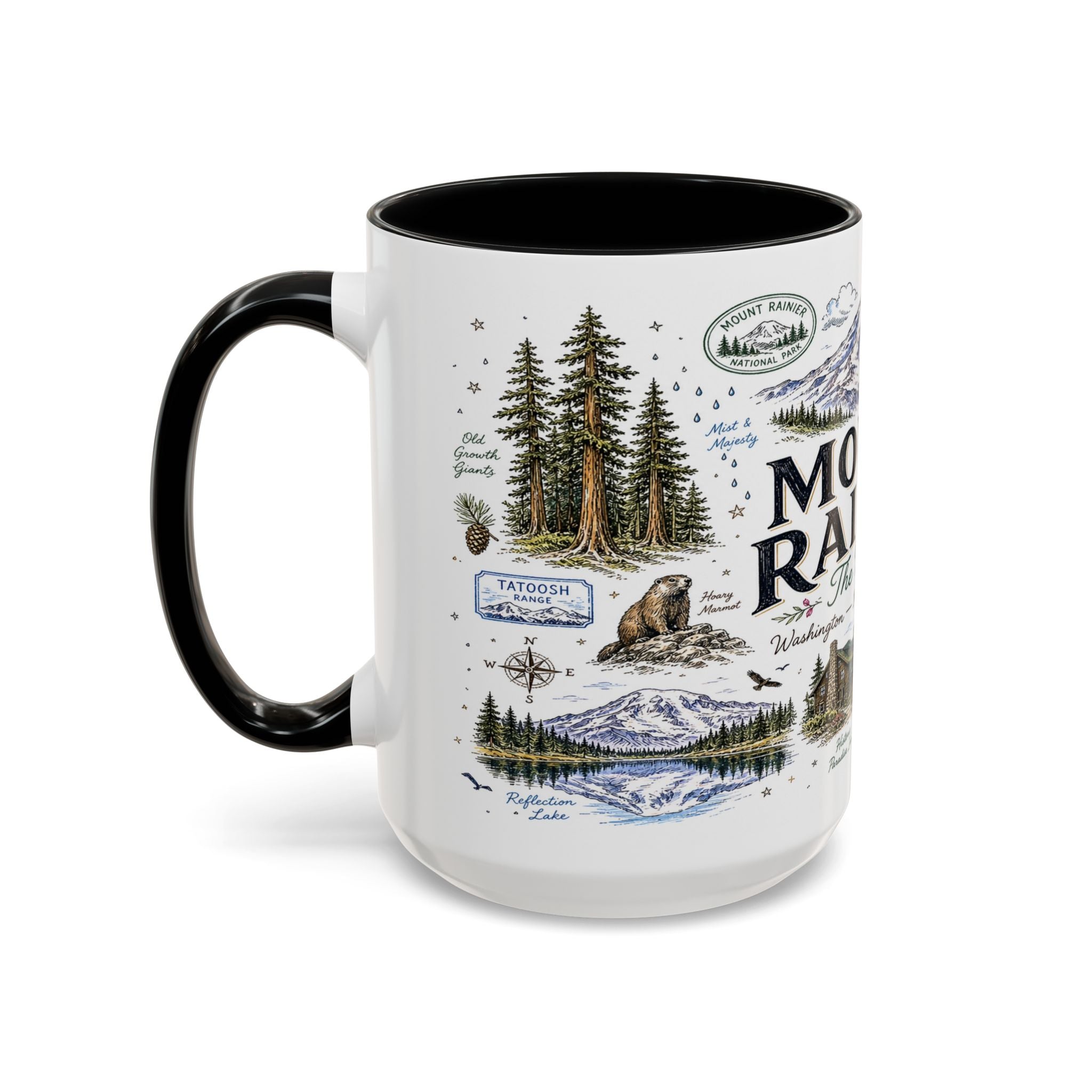 Mount Rainier Coffee Mug | National Park Hiking Washington Gift | Accent Color Ceramic 11oz 15oz