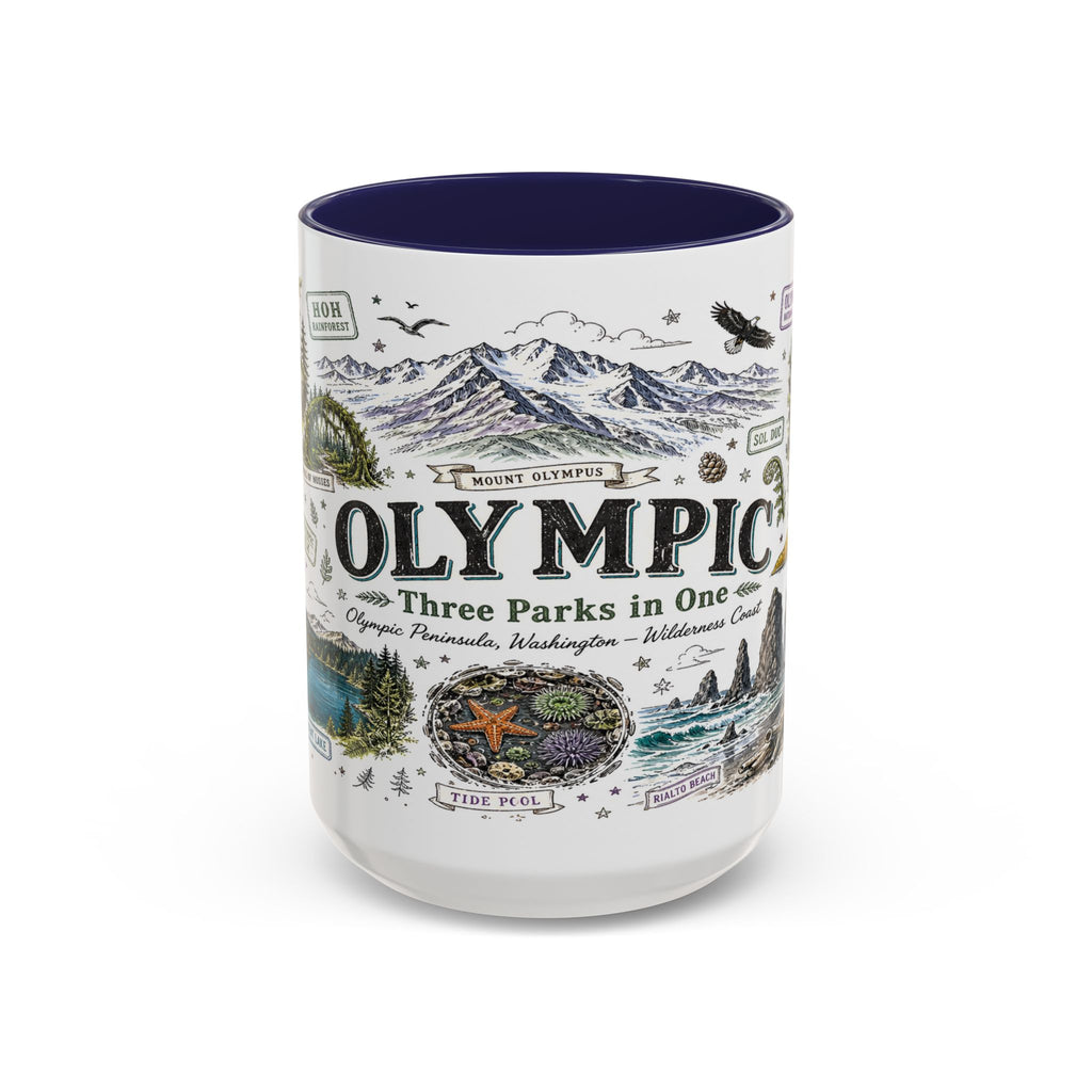 Olympic Coffee Mug | National Park Hiking Rainforest Gift | Accent Color Ceramic 11oz 15oz