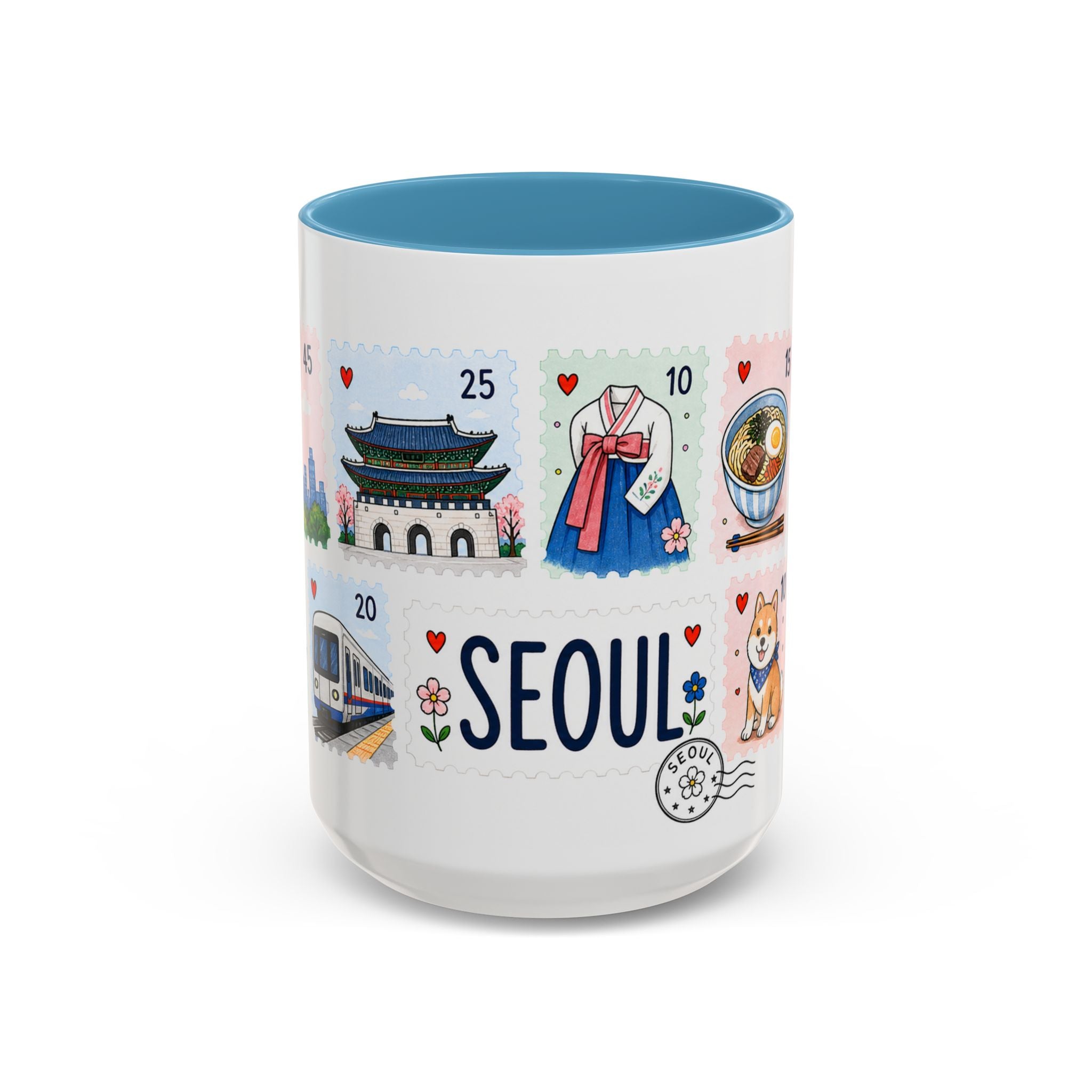 Seoul Coffee Mug | Postage Stamp Collage Mug | Travel Souvenir Accent Cup 11oz 15oz