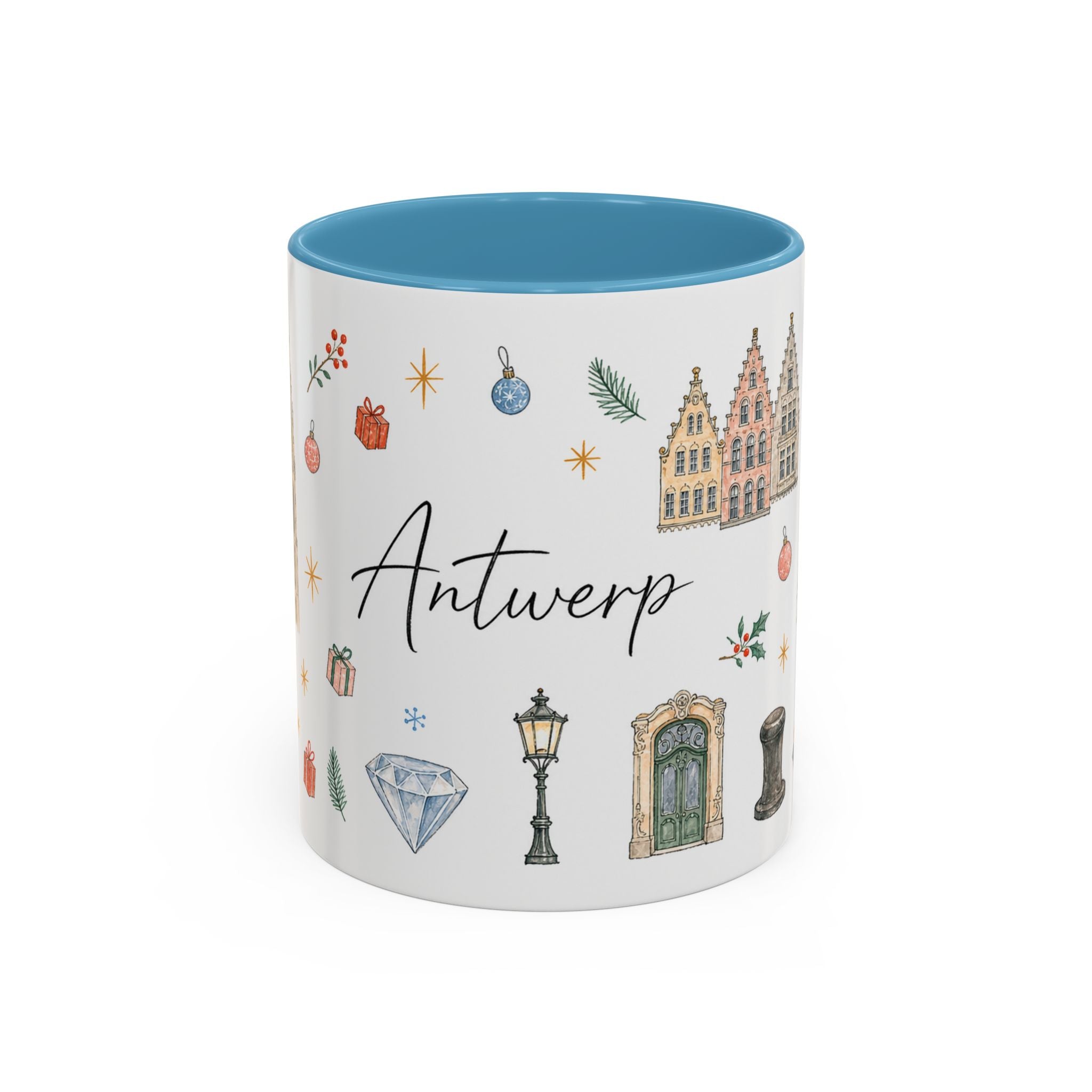 Antwerp Christmas Mug | Watercolor Travel Souvenir | Holiday Gift | Accent Ceramic Coffee Cup 11oz 15oz