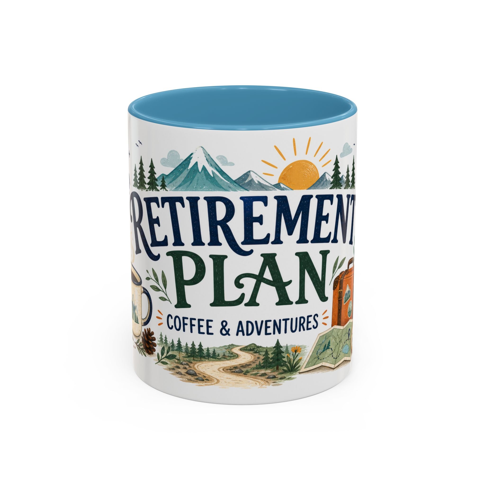 Retirement Plan Coffee And Adventures Mug | Travel Retirement Gift | Accent Color Ceramic 11oz 15oz