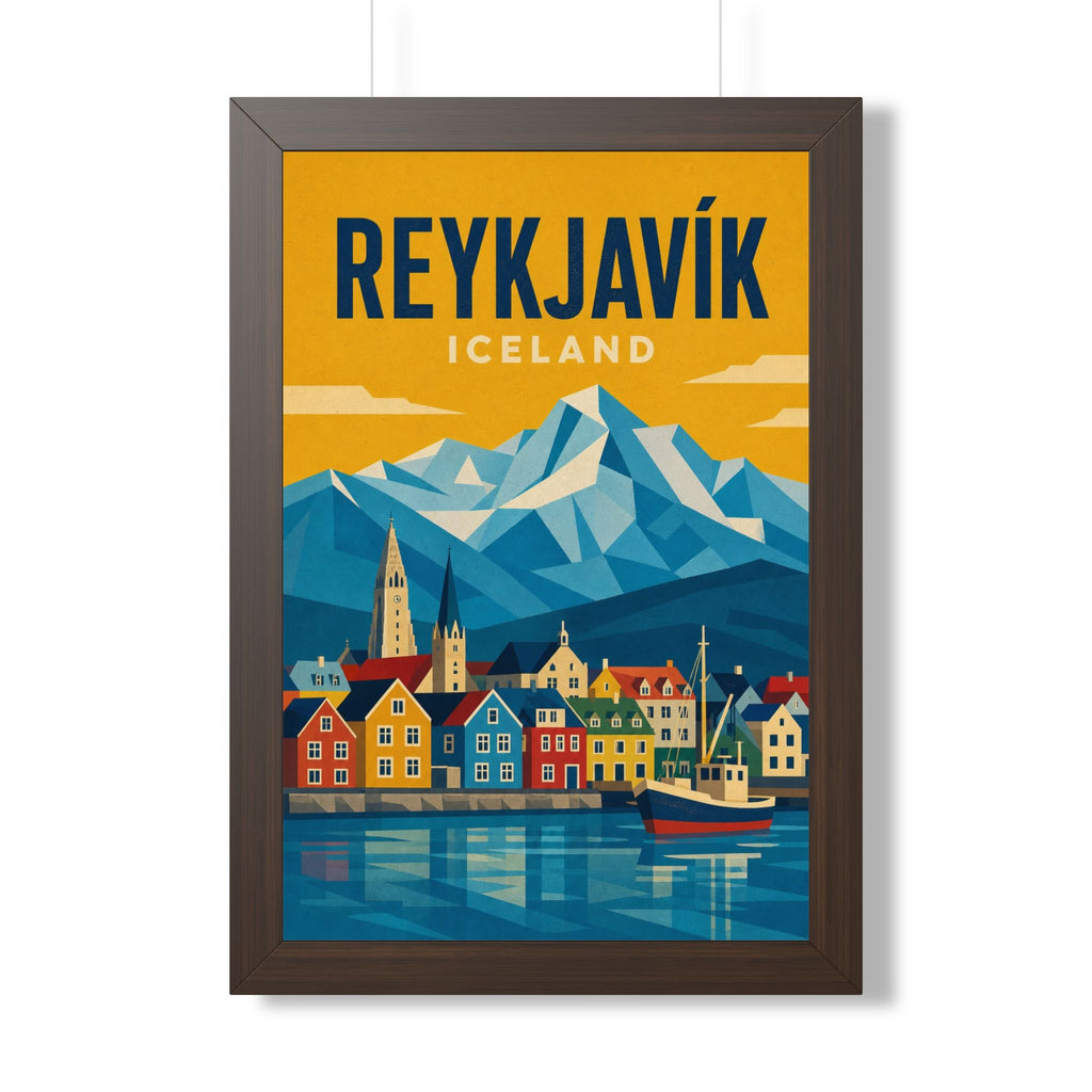 Reykjavík Iceland Framed Poster | Vintage Travel Wall Art | Black Walnut White Frame | 16x24 20x30