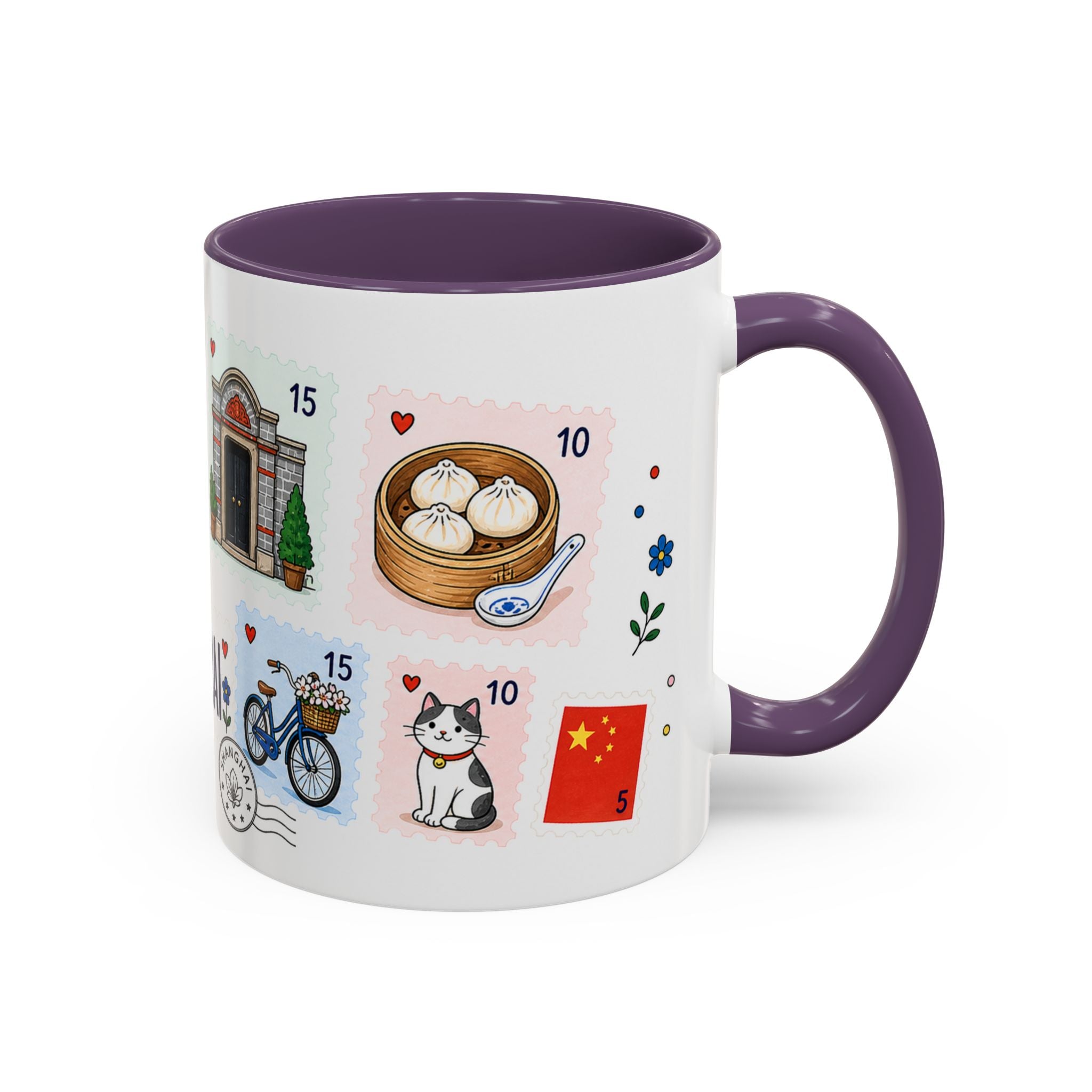 Shanghai Coffee Mug | Postage Stamp Collage Mug | Travel Souvenir Accent Cup 11oz 15oz