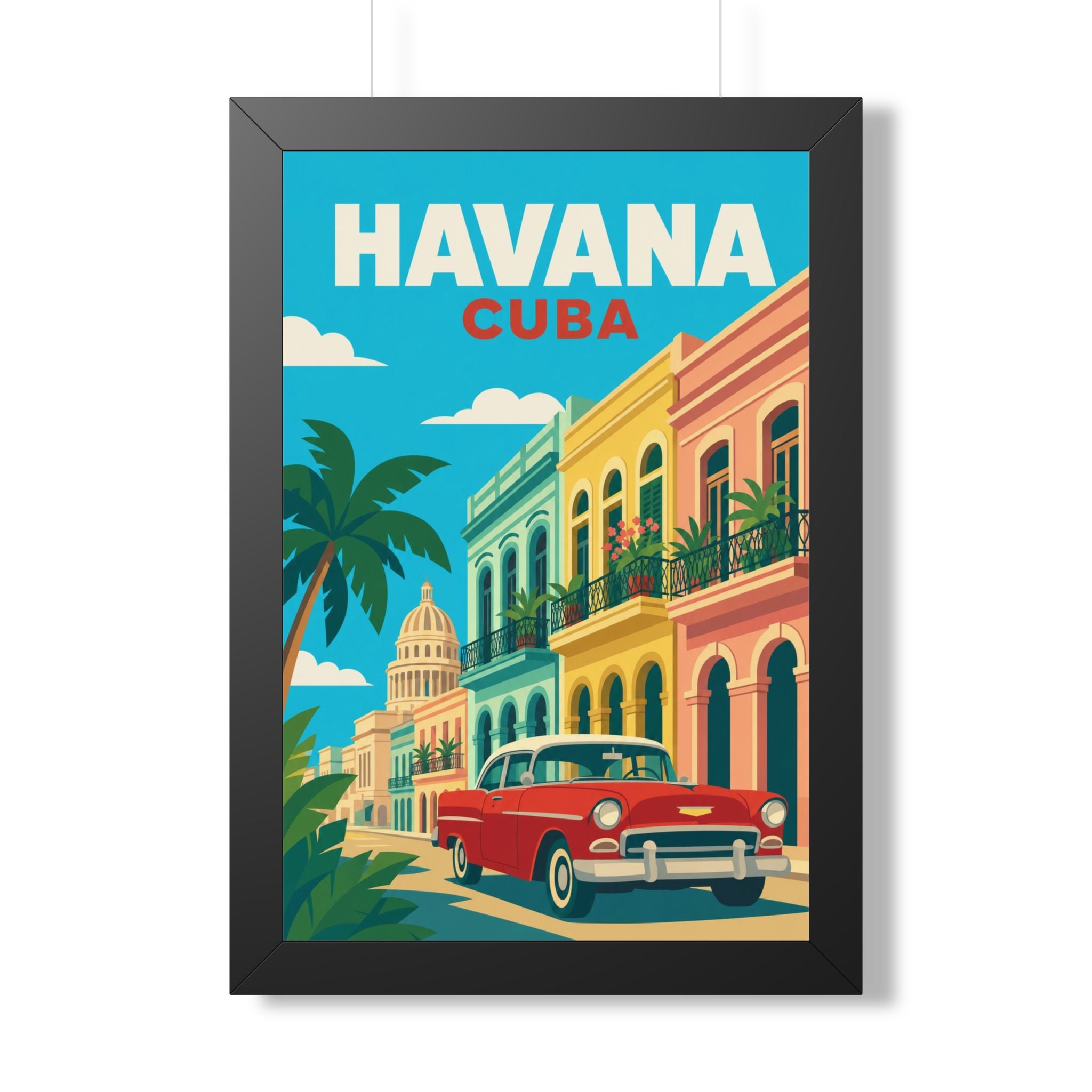 Havana Cuba Framed Poster | Vintage Travel Wall Art | Black Walnut White Frame | 16x24 20x30