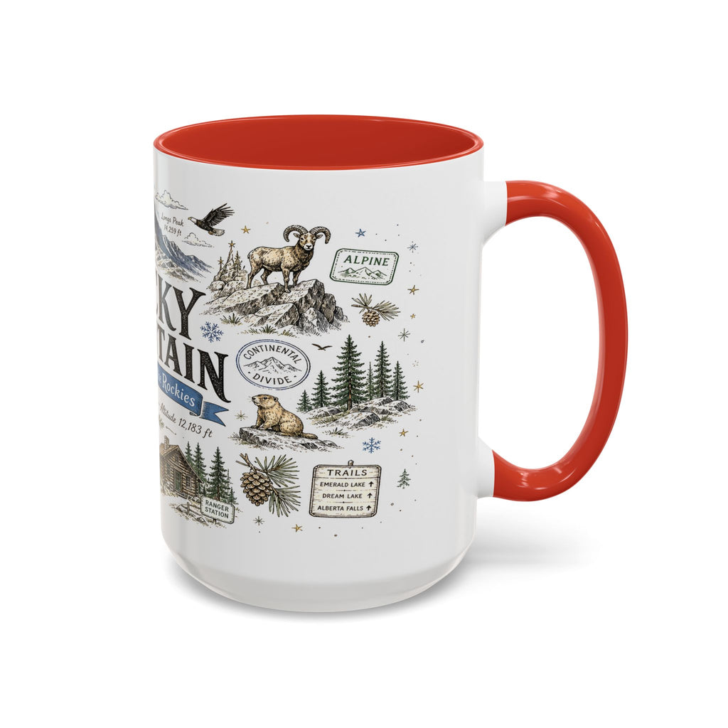 Rocky Mountain Coffee Mug | National Park Hiking Camping Gift | Accent Color Ceramic 11oz 15oz