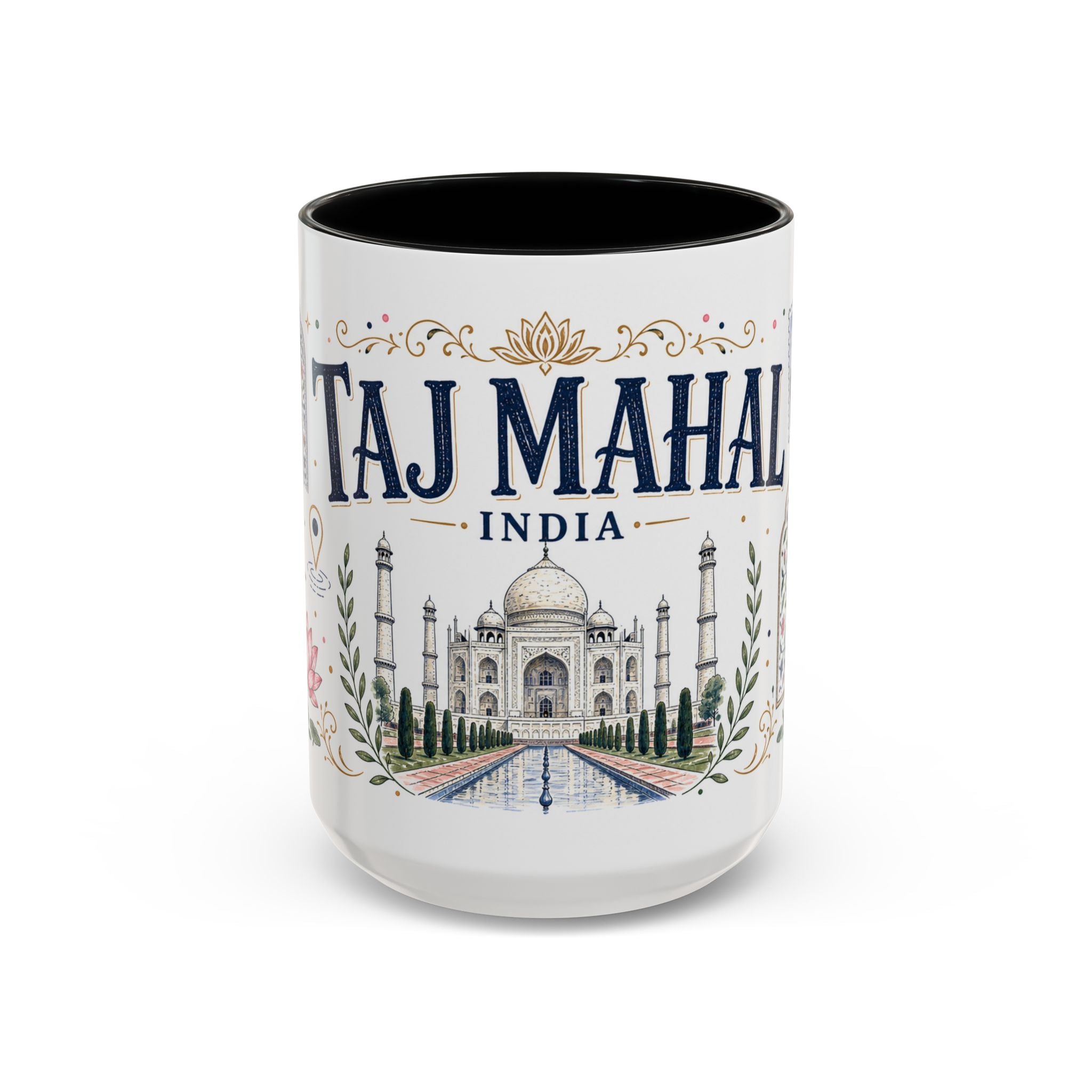 Taj Mahal Coffee Mug | Travel Destination Souvenir Gift | Accent Color Ceramic 11oz 15oz
