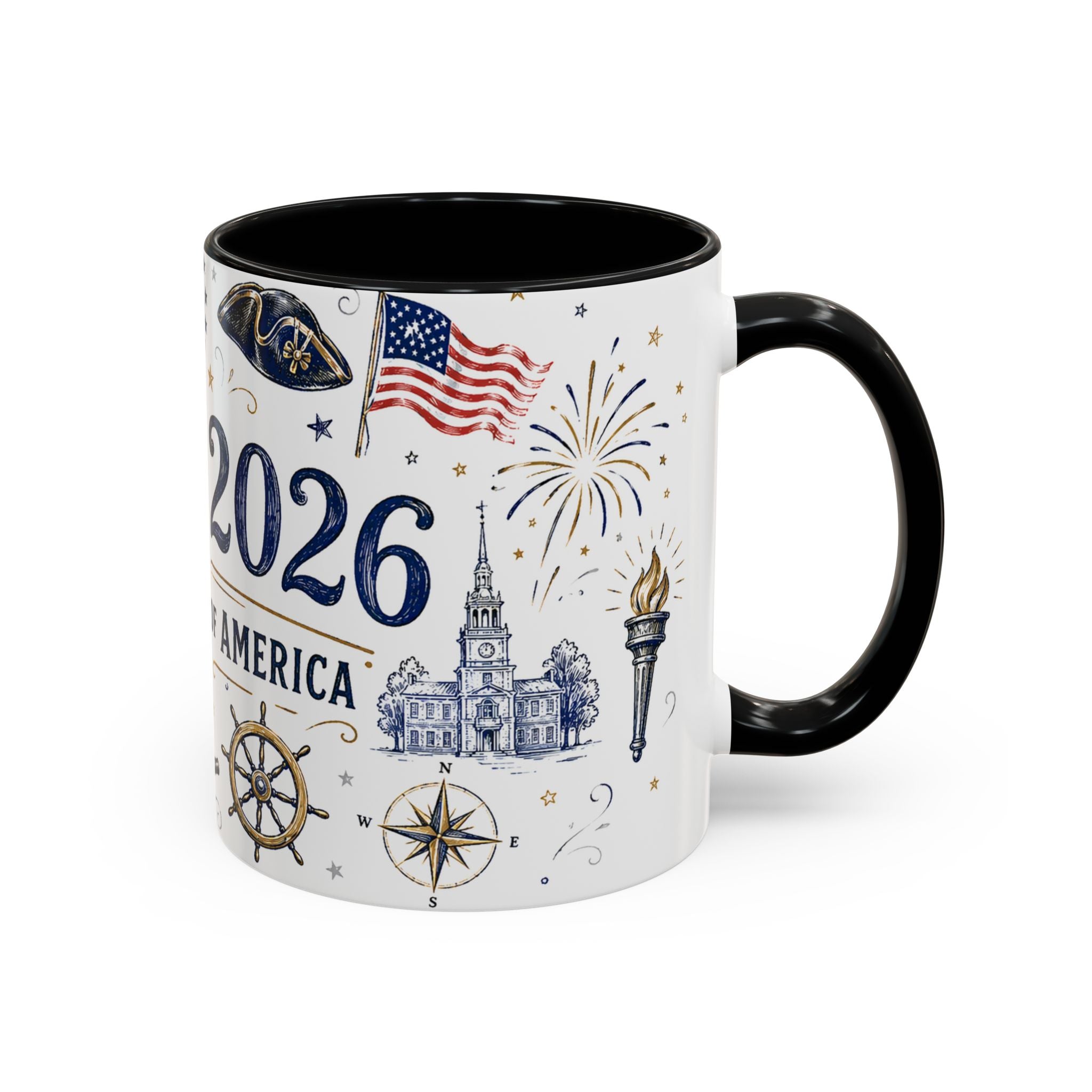 America 250 Coffee Mug | 1776-2026 Patriotic 4th of July Gift | Accent Color Ceramic 11oz 15oz