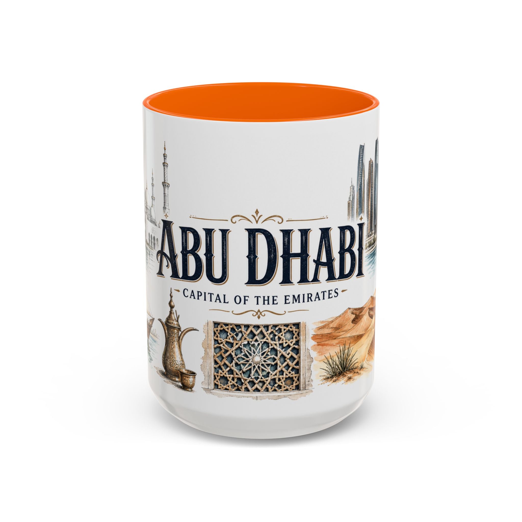 Abu Dhabi Coffee Mug | United Arab Emirates Travel Souvenir | Vintage Illustrated City Gift | 11 oz 15 oz Accent Mug