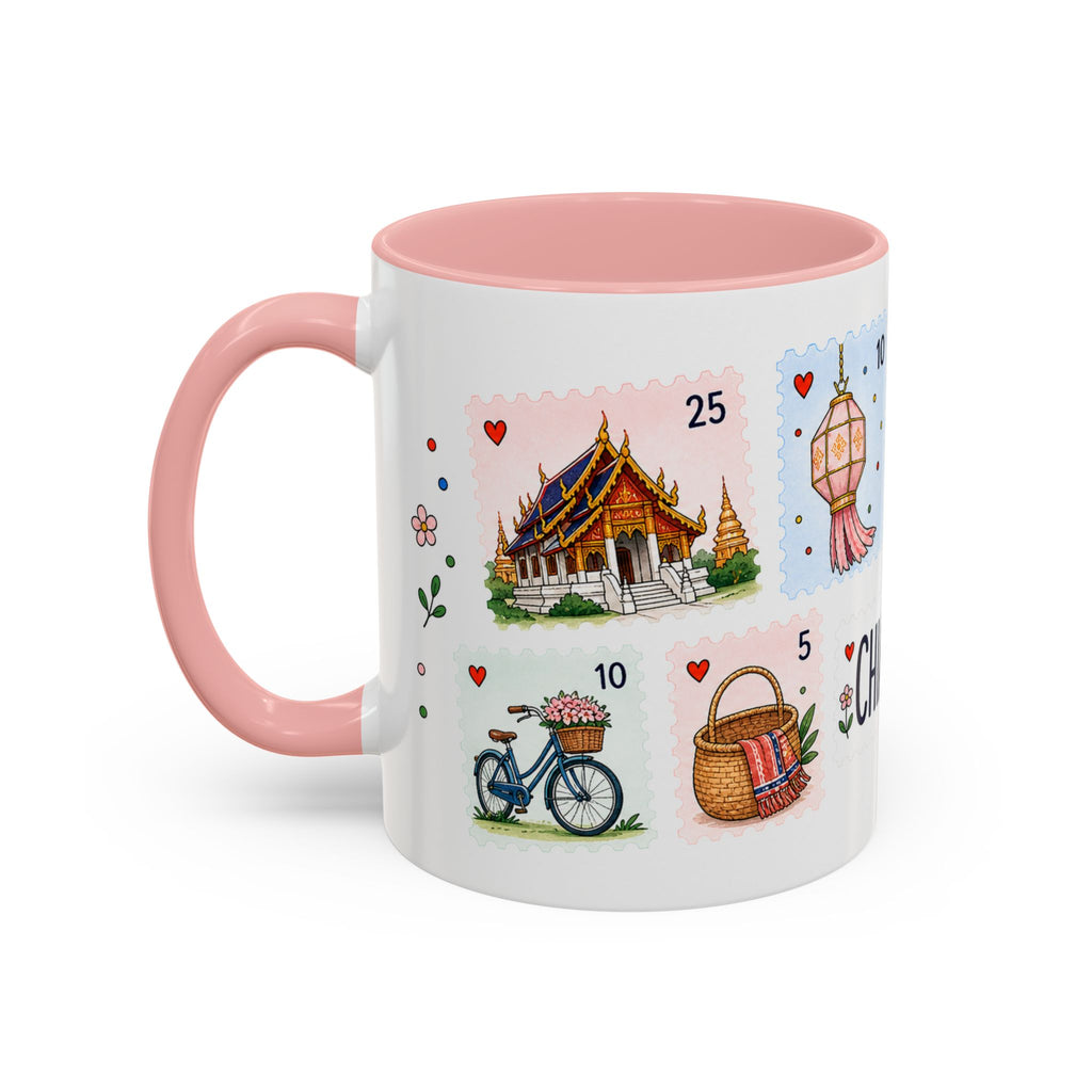 Chiang Mai Coffee Mug | Postage Stamp Collage Mug | Travel Souvenir Accent Cup 11oz 15oz