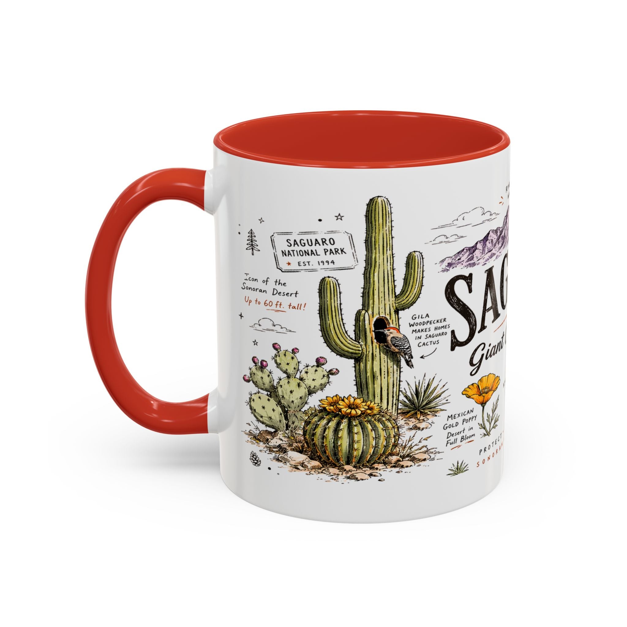 Saguaro National Park Coffee Mug | Arizona Desert Cactus Sunset Gift | Accent Color Ceramic 11oz 15oz