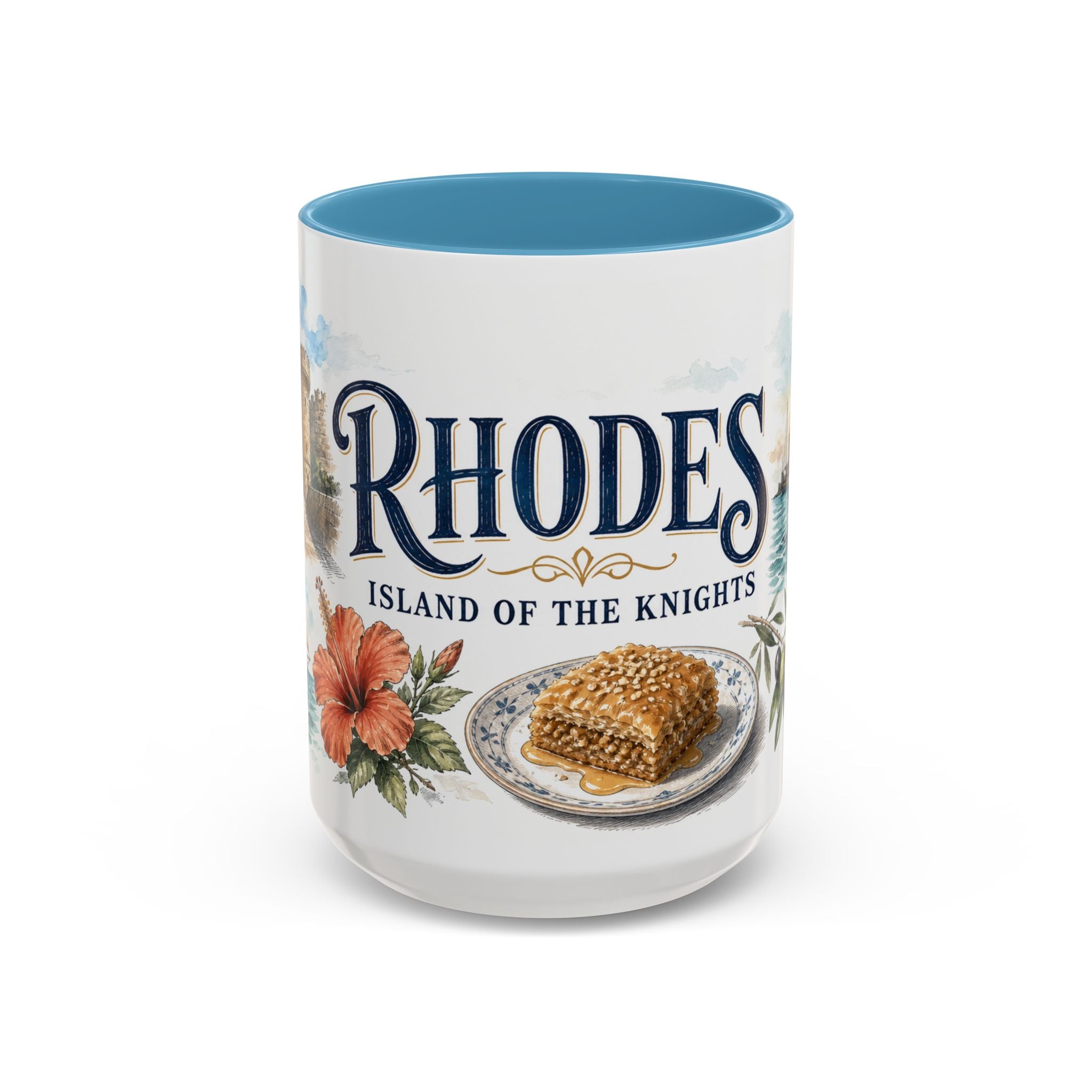 Rhodes Coffee Mug | Greece Travel Souvenir | Vintage Illustrated City Gift | 11 oz 15 oz Accent Mug