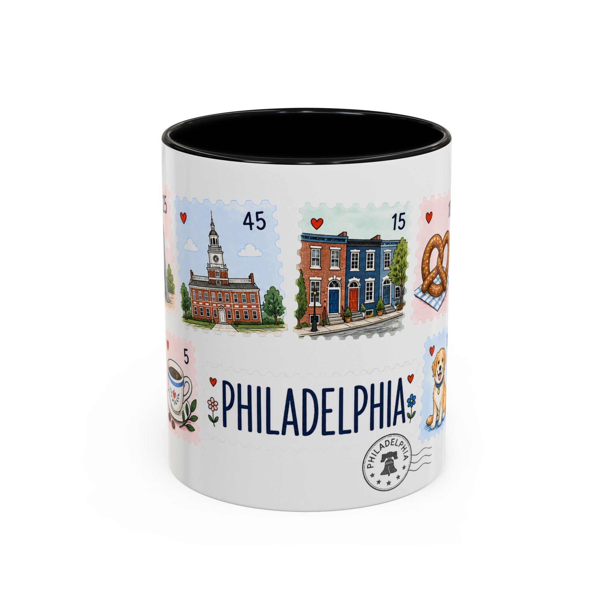 Philadelphia Coffee Mug | Postage Stamp Collage Mug | Travel Souvenir Accent Cup 11oz 15oz