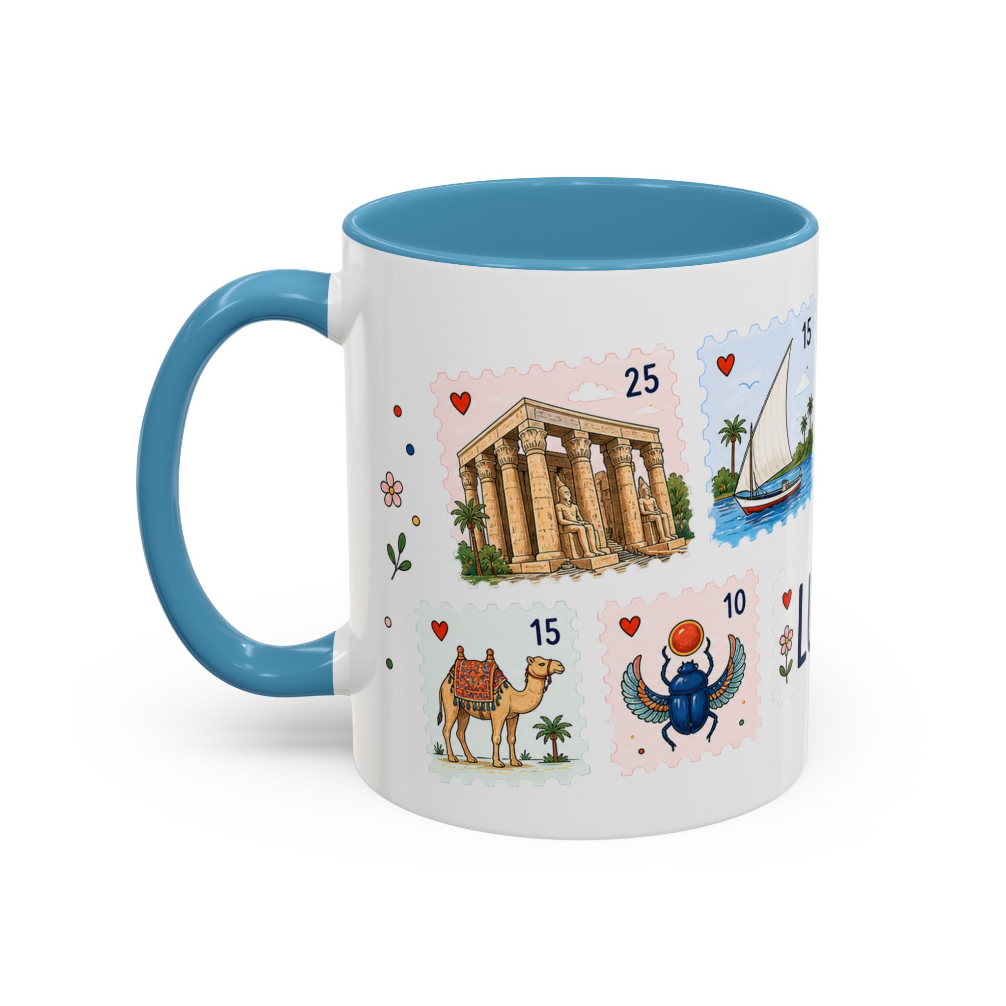 Luxor Coffee Mug | Postage Stamp Collage Mug | Travel Souvenir Accent Cup 11oz 15oz