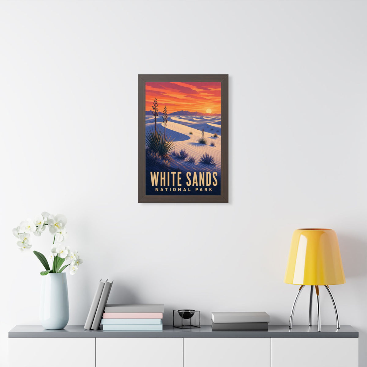 White Sands National Park Framed Poster | Vintage Travel Wall Art | Black Walnut White Frame | 16x24 20x30