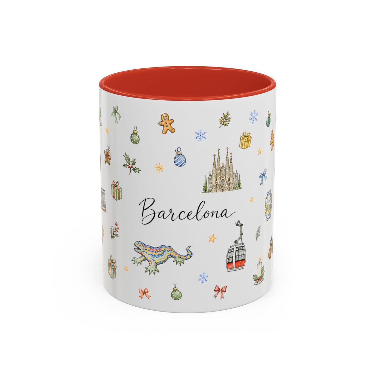 Barcelona Christmas Mug | Watercolor City Souvenir, Ceramic Coffee Cup (11oz/15oz)