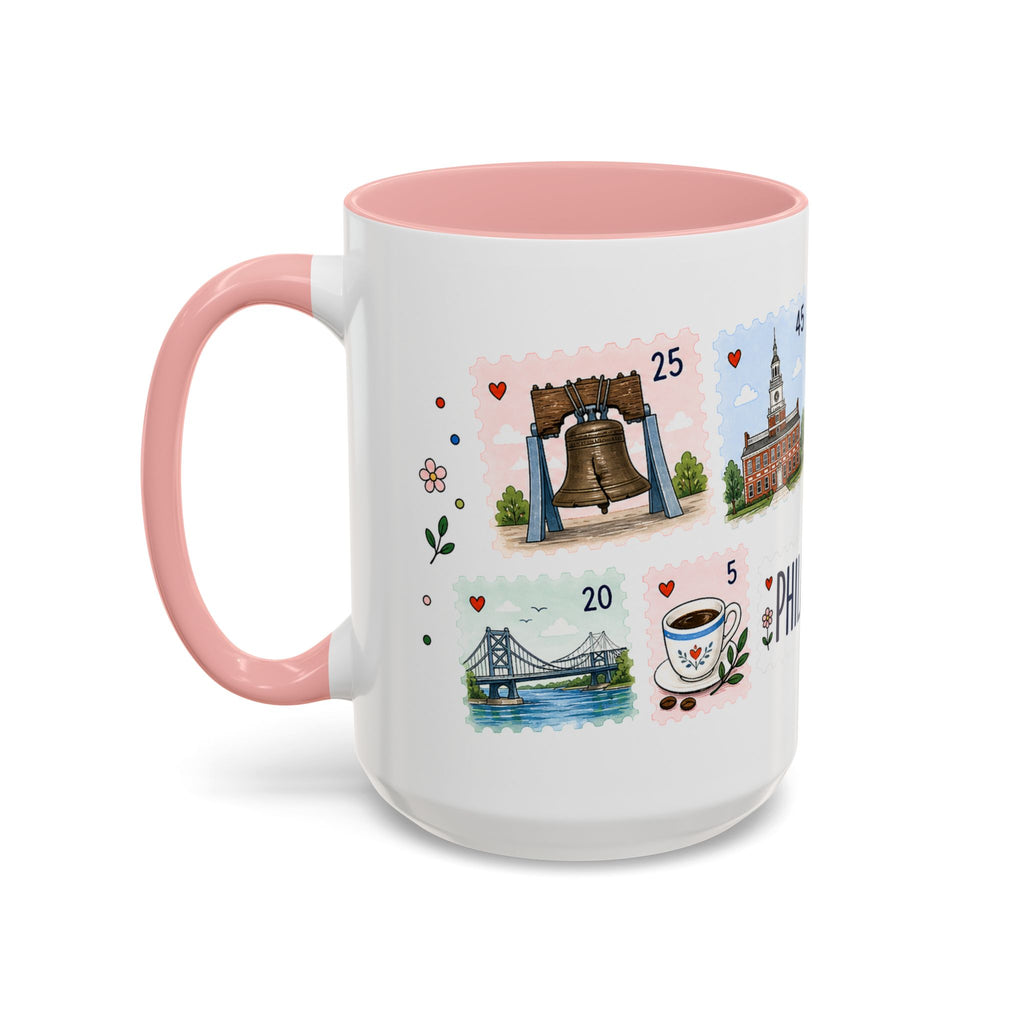 Philadelphia Coffee Mug | Postage Stamp Collage Mug | Travel Souvenir Accent Cup 11oz 15oz