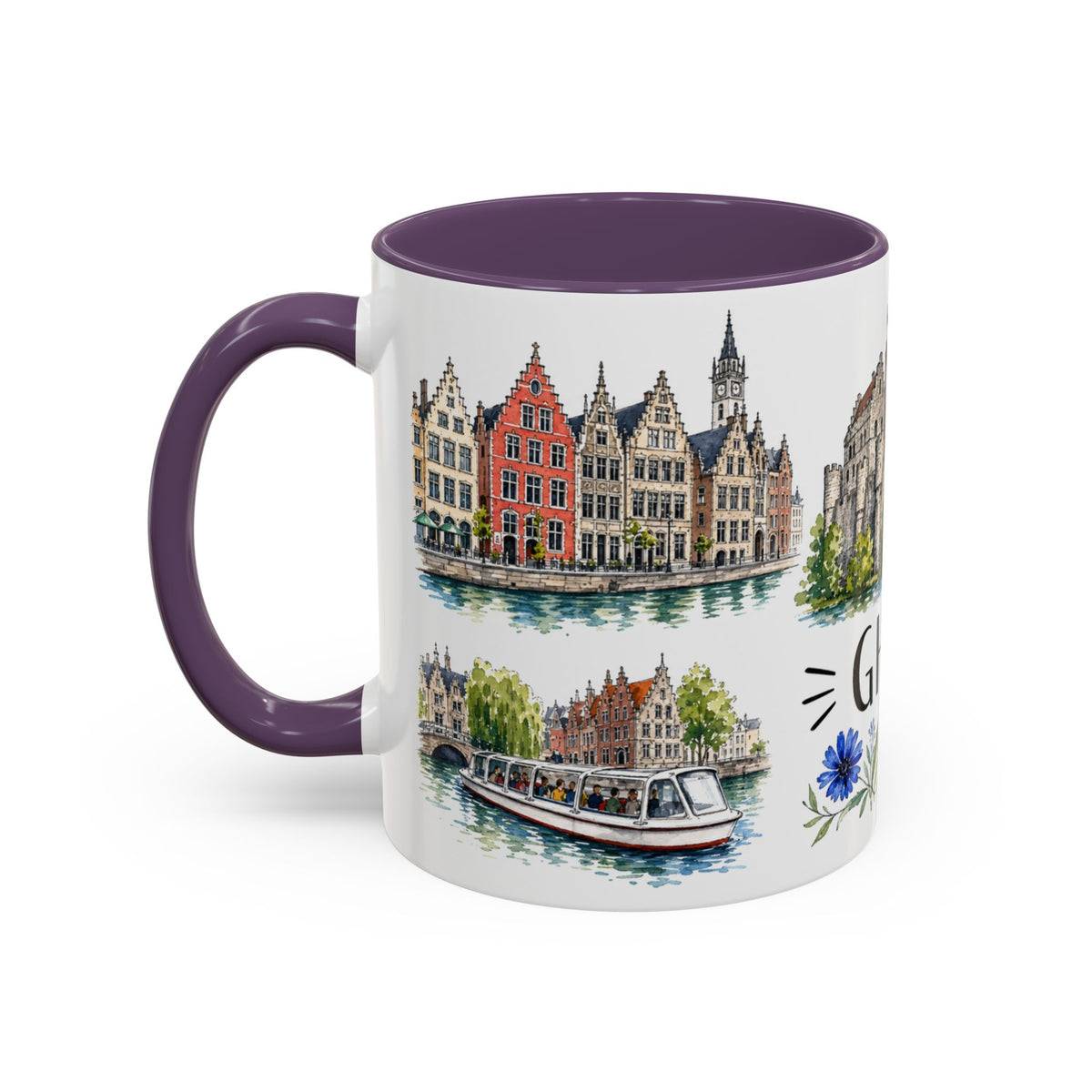 Ghent Illustrated Travel Mug | City Souvenir Accent Coffee Mug | 11oz 15oz Ceramic Cup