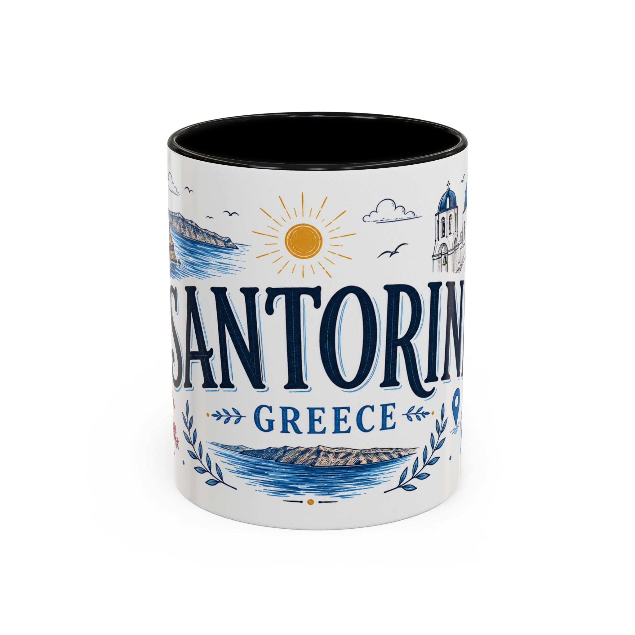 Santorini Coffee Mug | Travel Destination Souvenir Gift | Accent Color Ceramic 11oz 15oz
