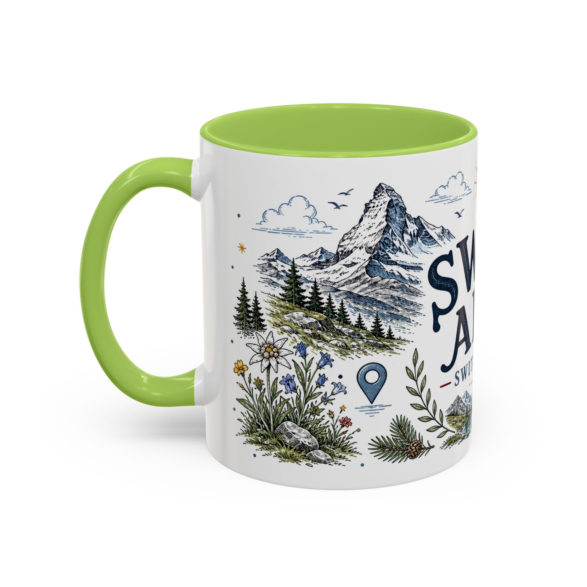 Swiss Alps Coffee Mug | Travel Destination Souvenir Gift | Accent Color Ceramic 11oz 15oz