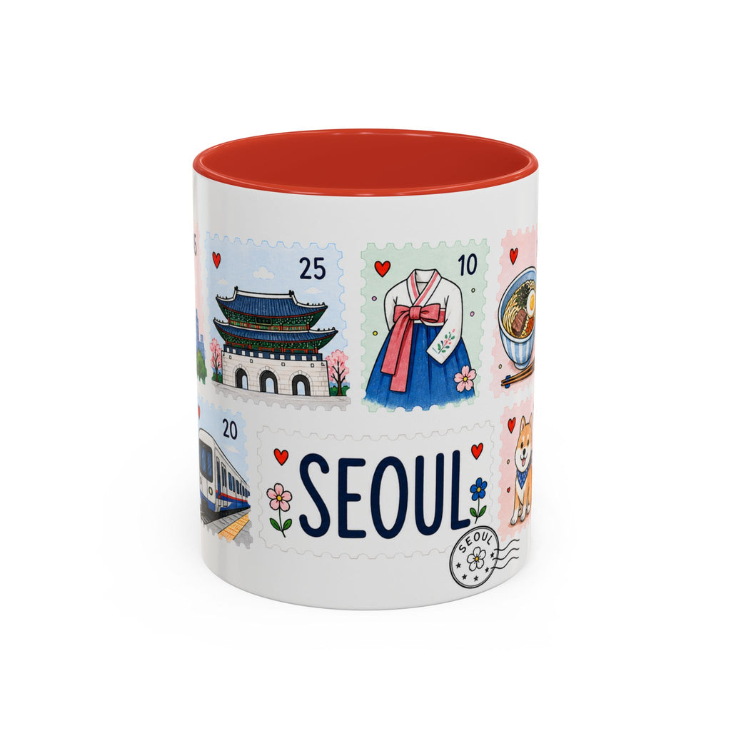 Seoul Coffee Mug | Postage Stamp Collage Mug | Travel Souvenir Accent Cup 11oz 15oz