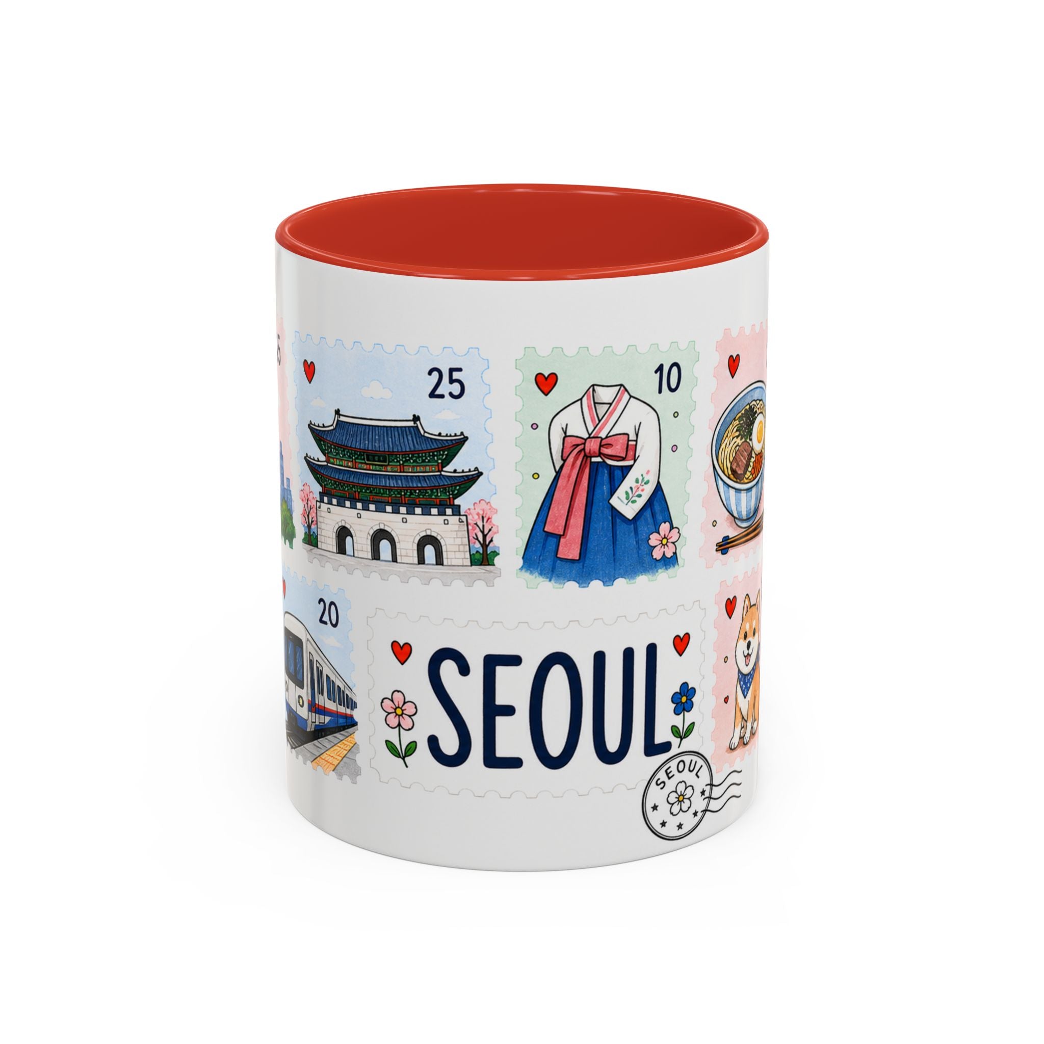 Seoul Coffee Mug | Postage Stamp Collage Mug | Travel Souvenir Accent Cup 11oz 15oz