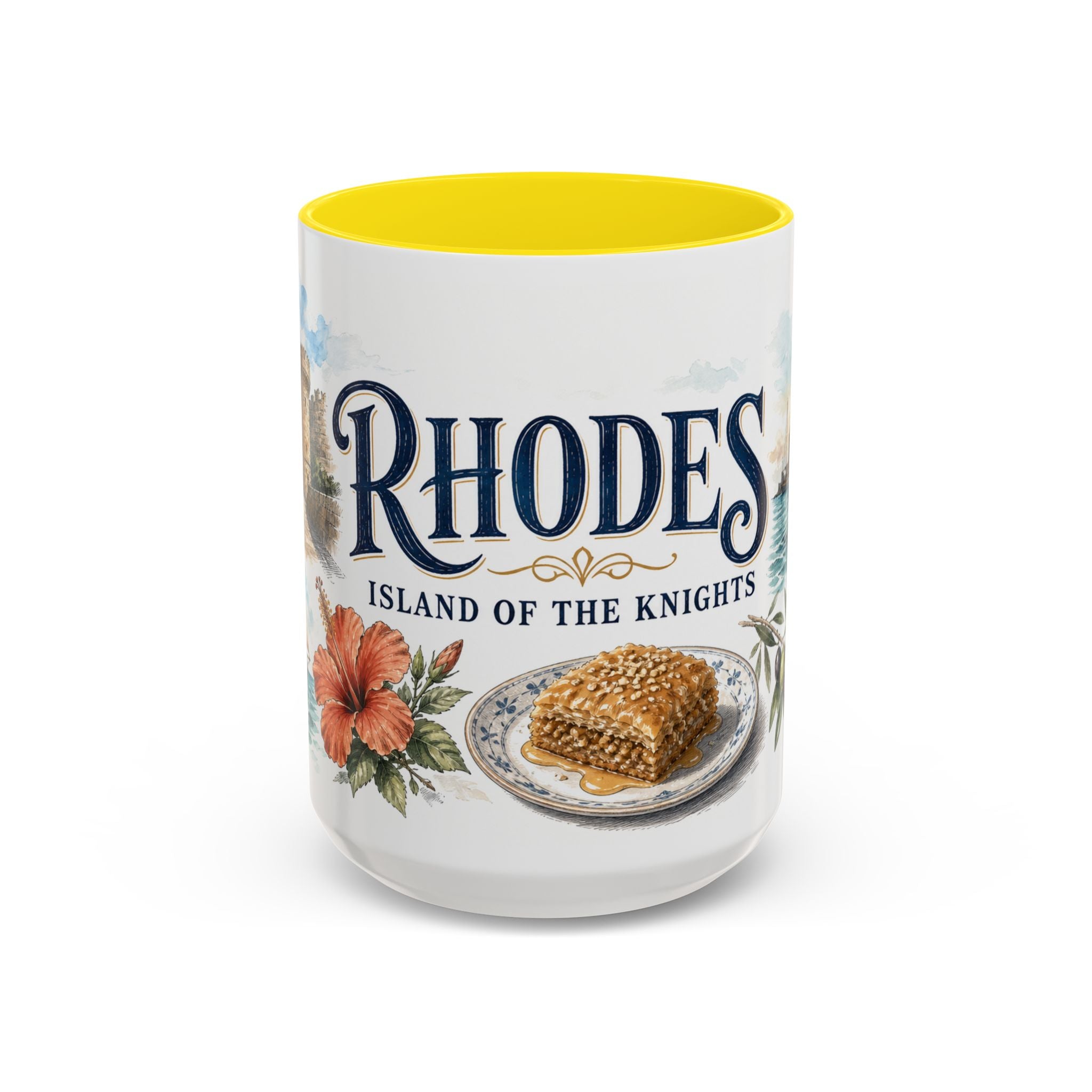 Rhodes Coffee Mug | Greece Travel Souvenir | Vintage Illustrated City Gift | 11 oz 15 oz Accent Mug