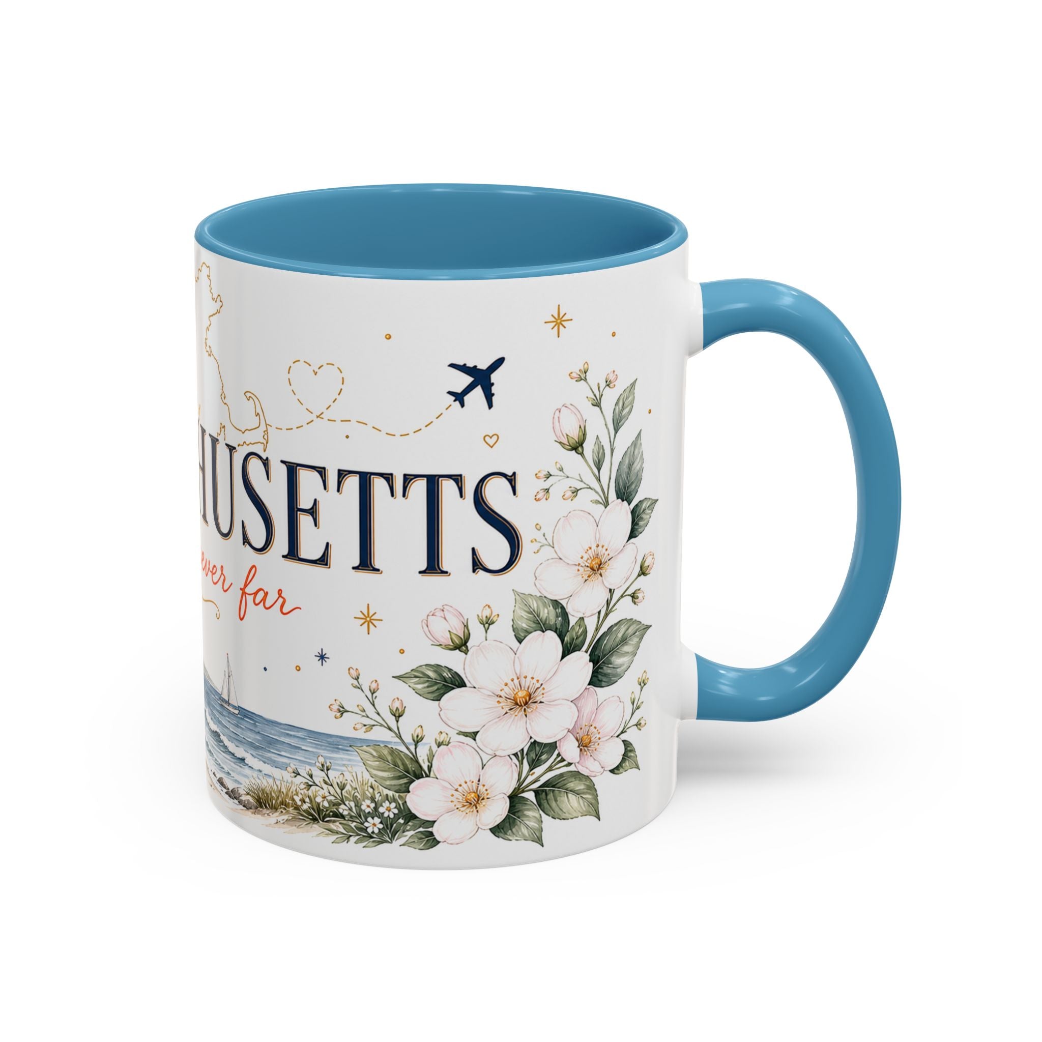 Massachusetts State Map Mug | Coastal Scene, Botanical Accents (11oz, 15oz)