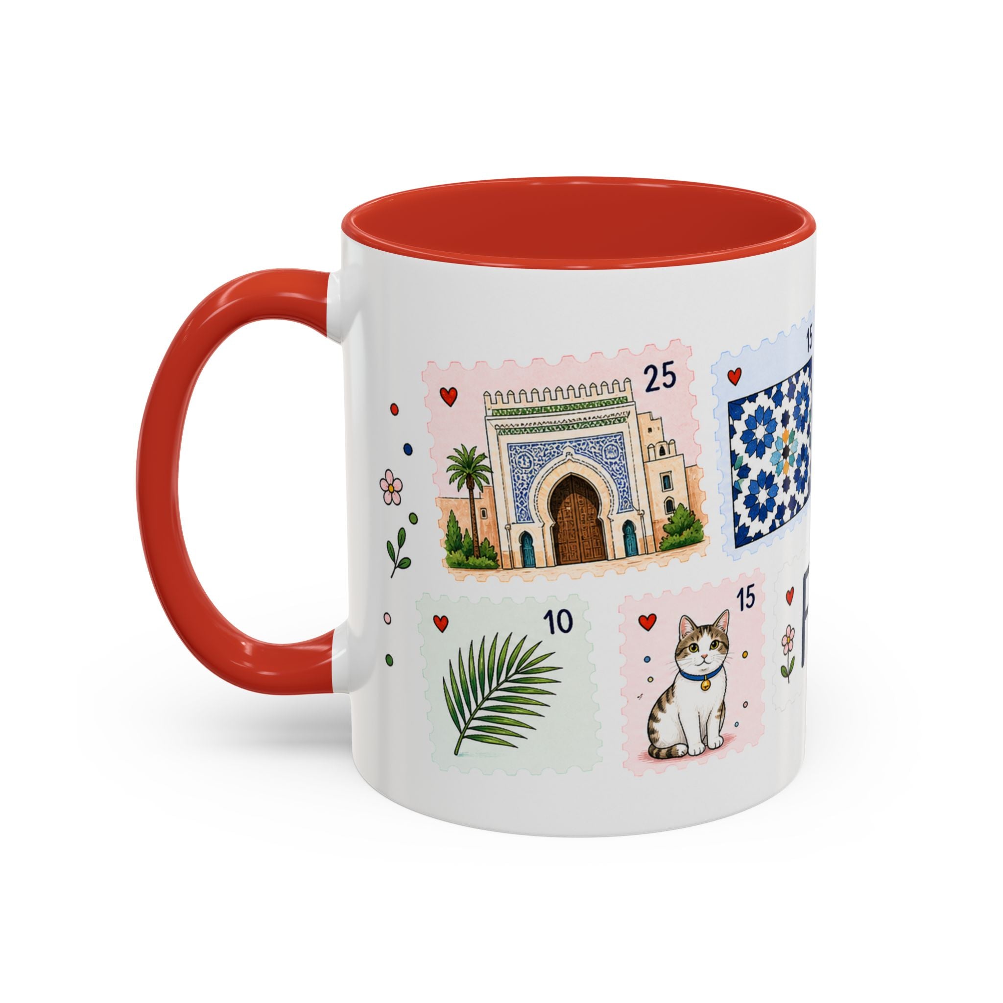 Fez Coffee Mug | Postage Stamp Collage Mug | Travel Souvenir Accent Cup 11oz 15oz