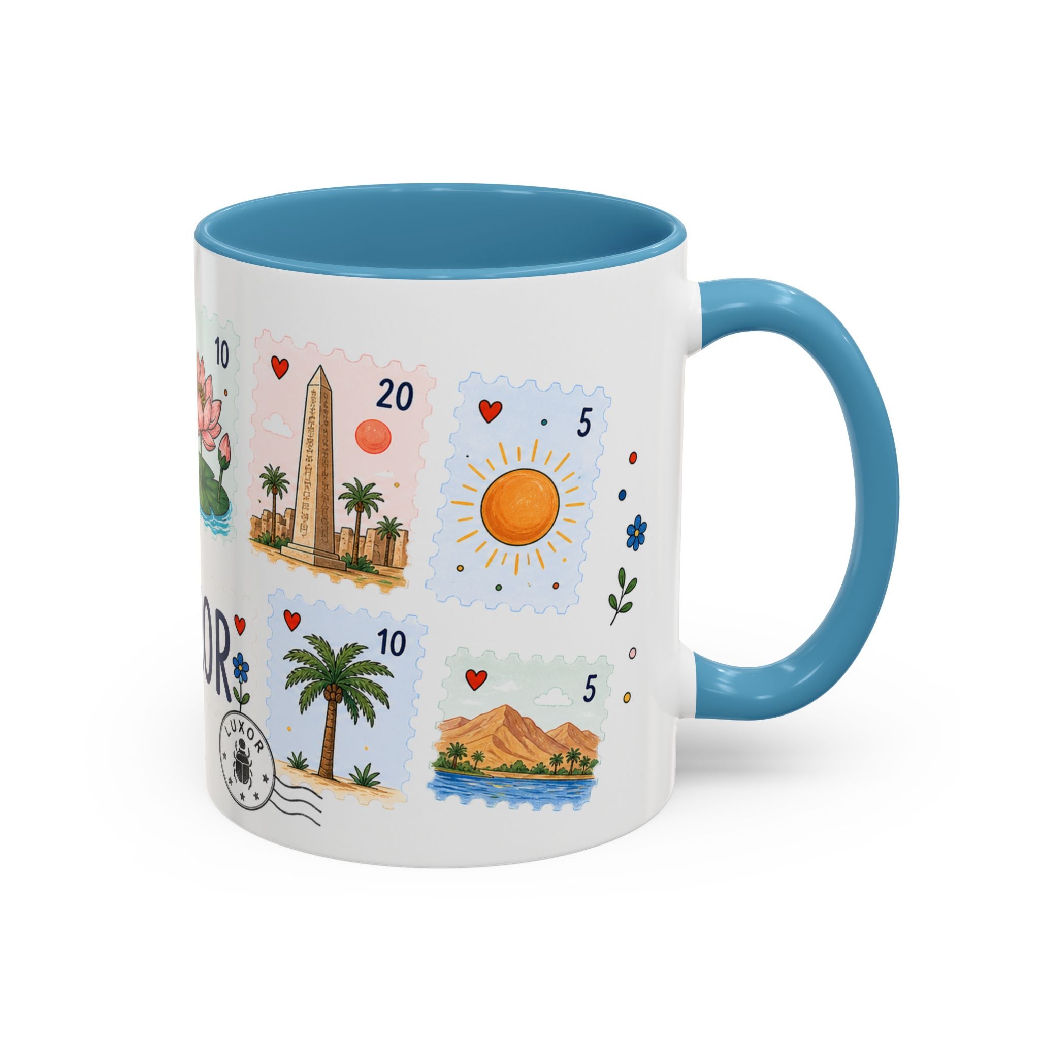 Luxor Coffee Mug | Postage Stamp Collage Mug | Travel Souvenir Accent Cup 11oz 15oz