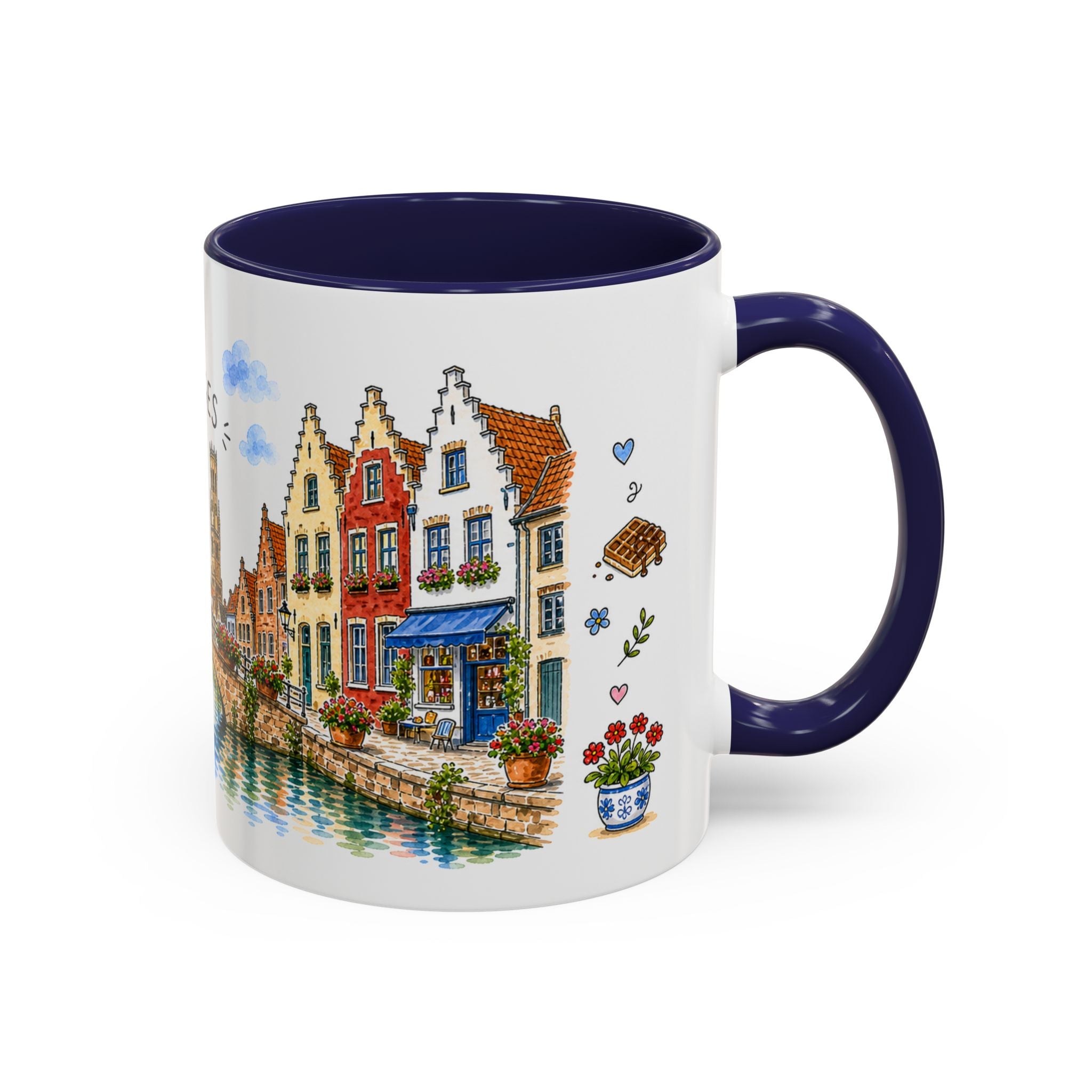 Bruges Illustrated Travel Mug | Belgium Souvenir Accent Coffee Mug | 11oz 15oz Ceramic Cup