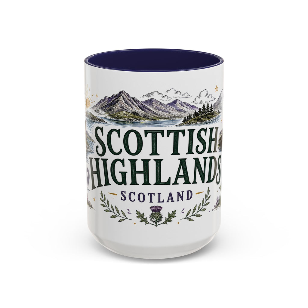 Scottish Highlands Coffee Mug | Travel Destination Souvenir Gift | Accent Color Ceramic 11oz 15oz
