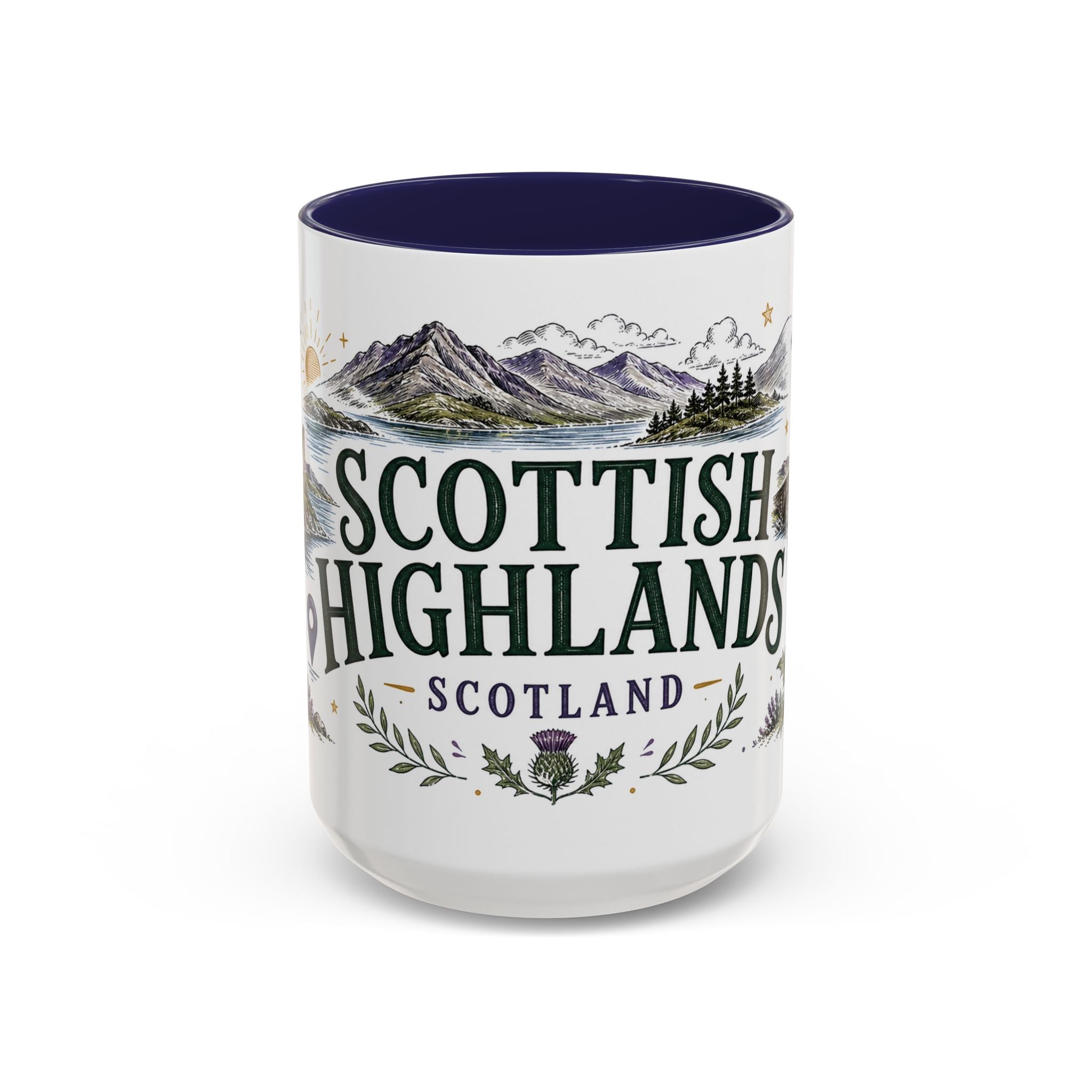 Scottish Highlands Coffee Mug | Travel Destination Souvenir Gift | Accent Color Ceramic 11oz 15oz