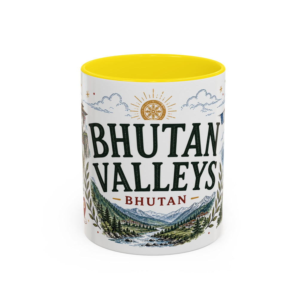 Bhutan Valleys Coffee Mug | Travel Destination Souvenir Gift | Accent Color Ceramic 11oz 15oz