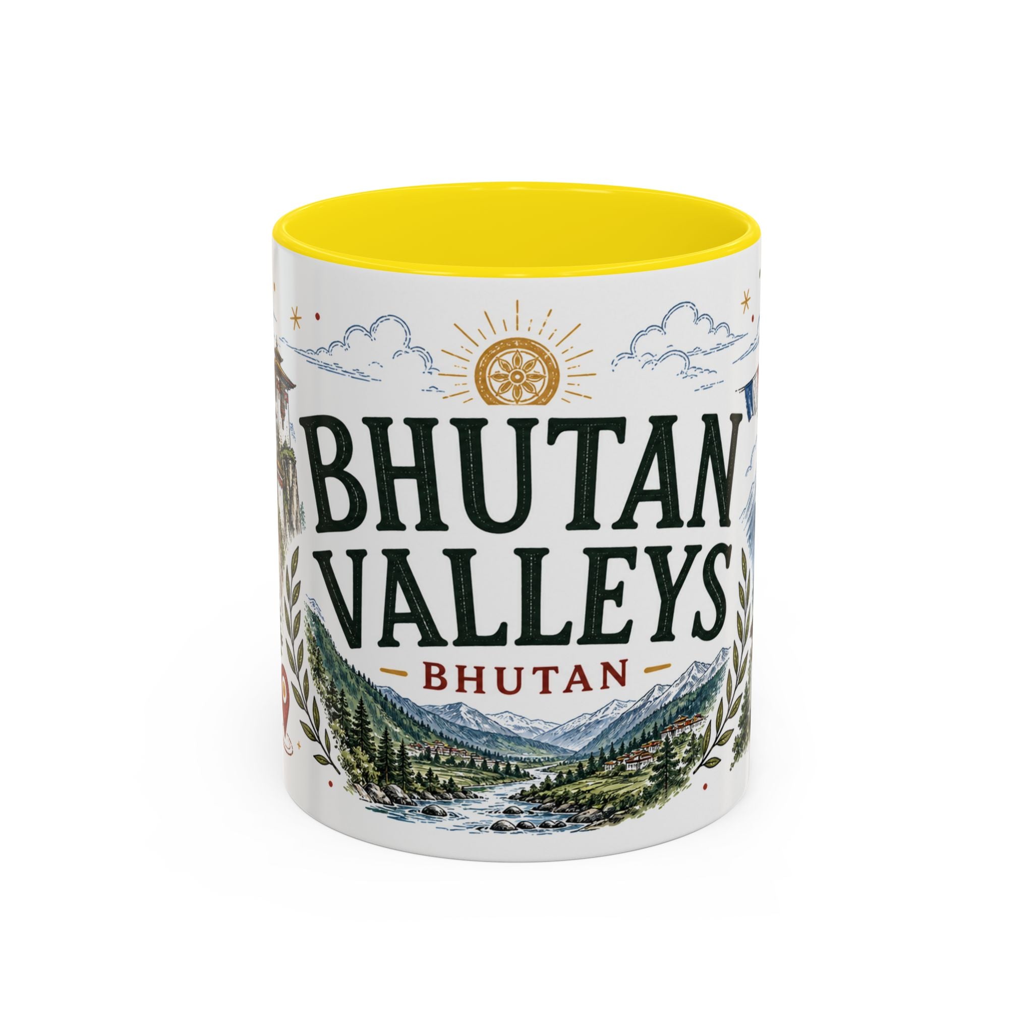 Bhutan Valleys Coffee Mug | Travel Destination Souvenir Gift | Accent Color Ceramic 11oz 15oz