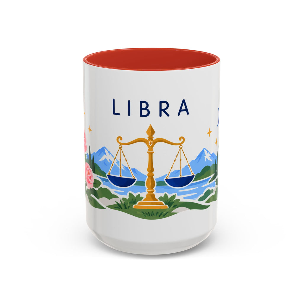 Libra Zodiac Coffee Mug | Scales and Rose Design | Astrology Birthday Gift | 11 oz 15 oz Ceramic Accent Mug