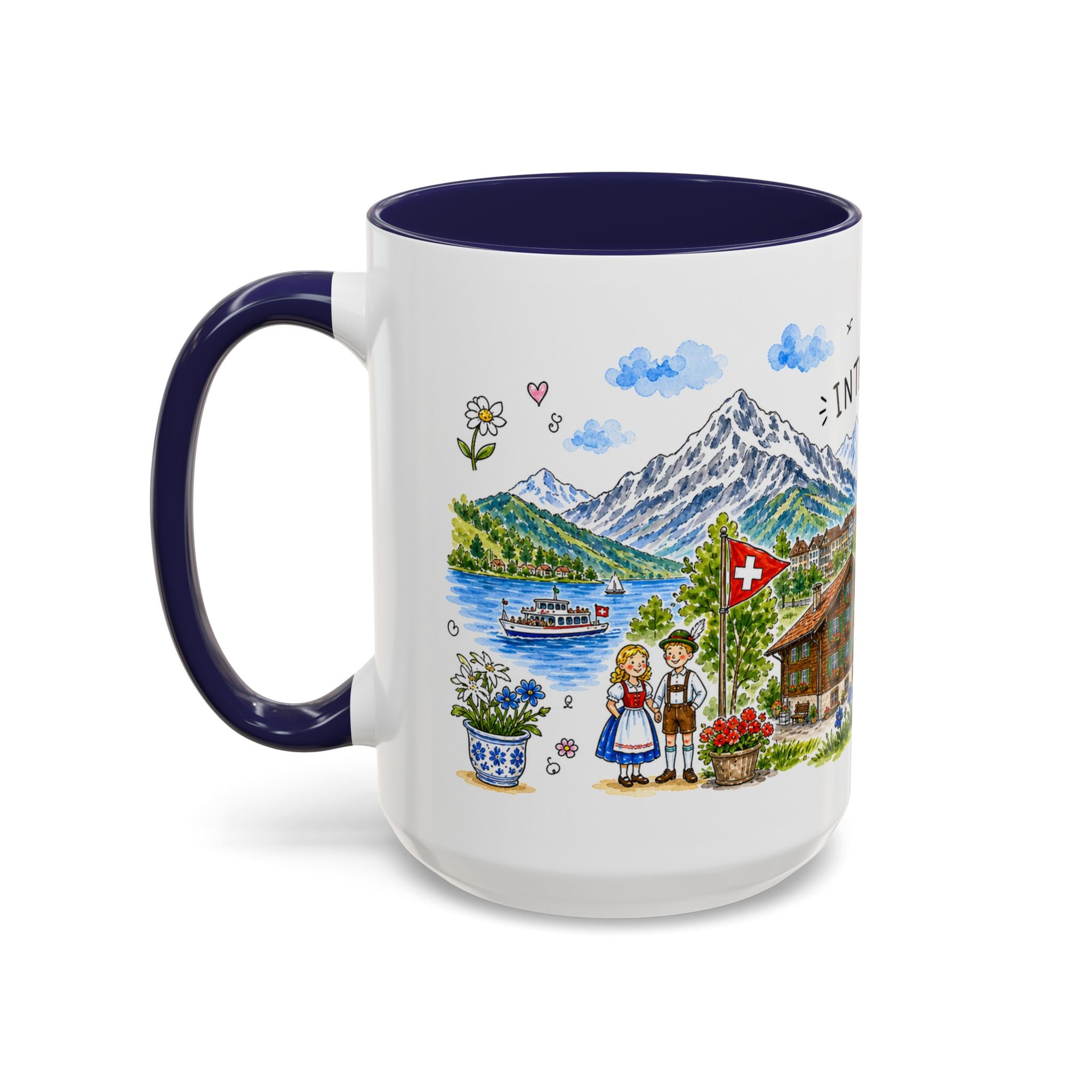 Interlaken Illustrated Travel Mug | Switzerland Souvenir Accent Coffee Mug | 11oz 15oz Ceramic Cup