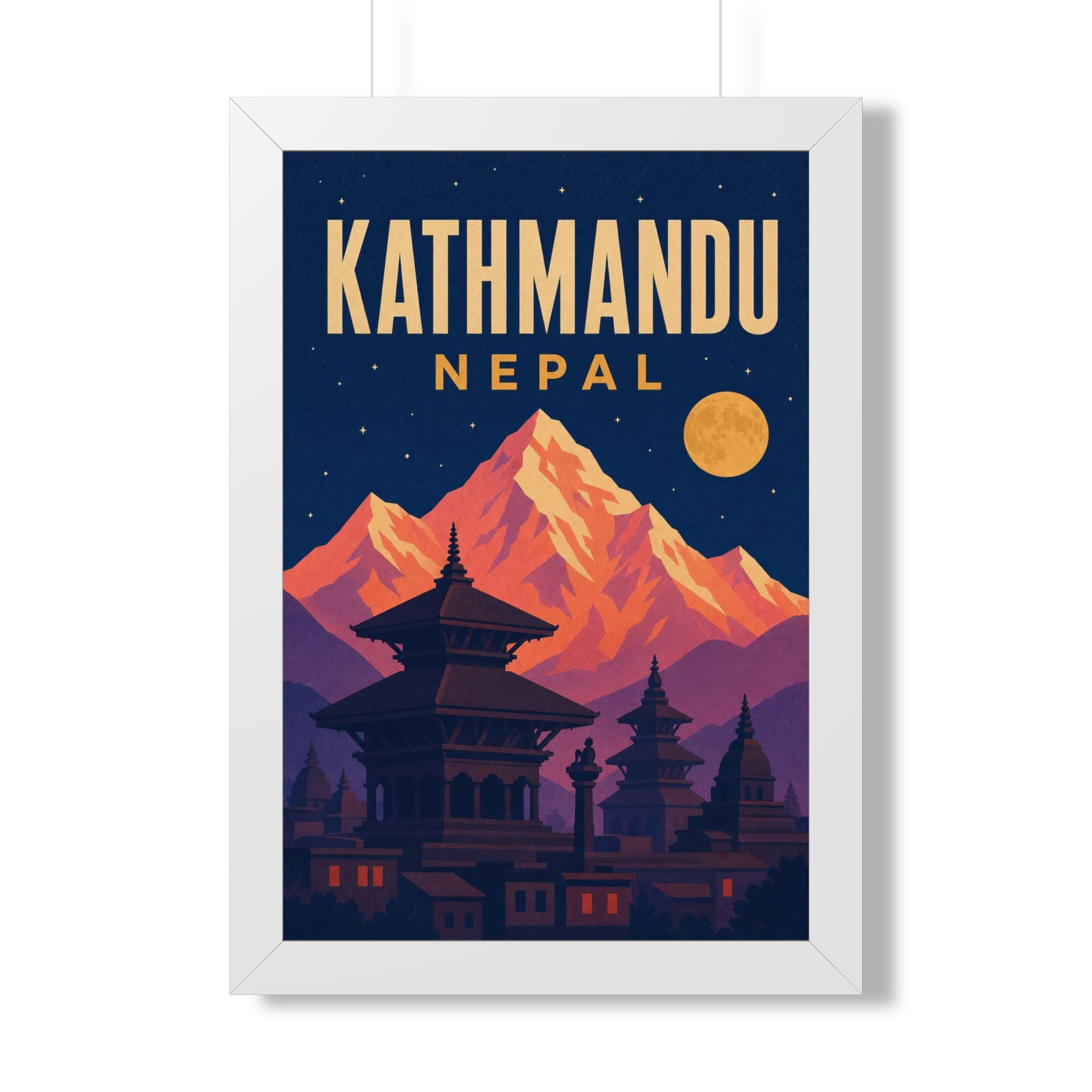 Kathmandu Nepal Framed Poster | Vintage Travel Wall Art | Black Walnut White Frame | 16x24 20x30