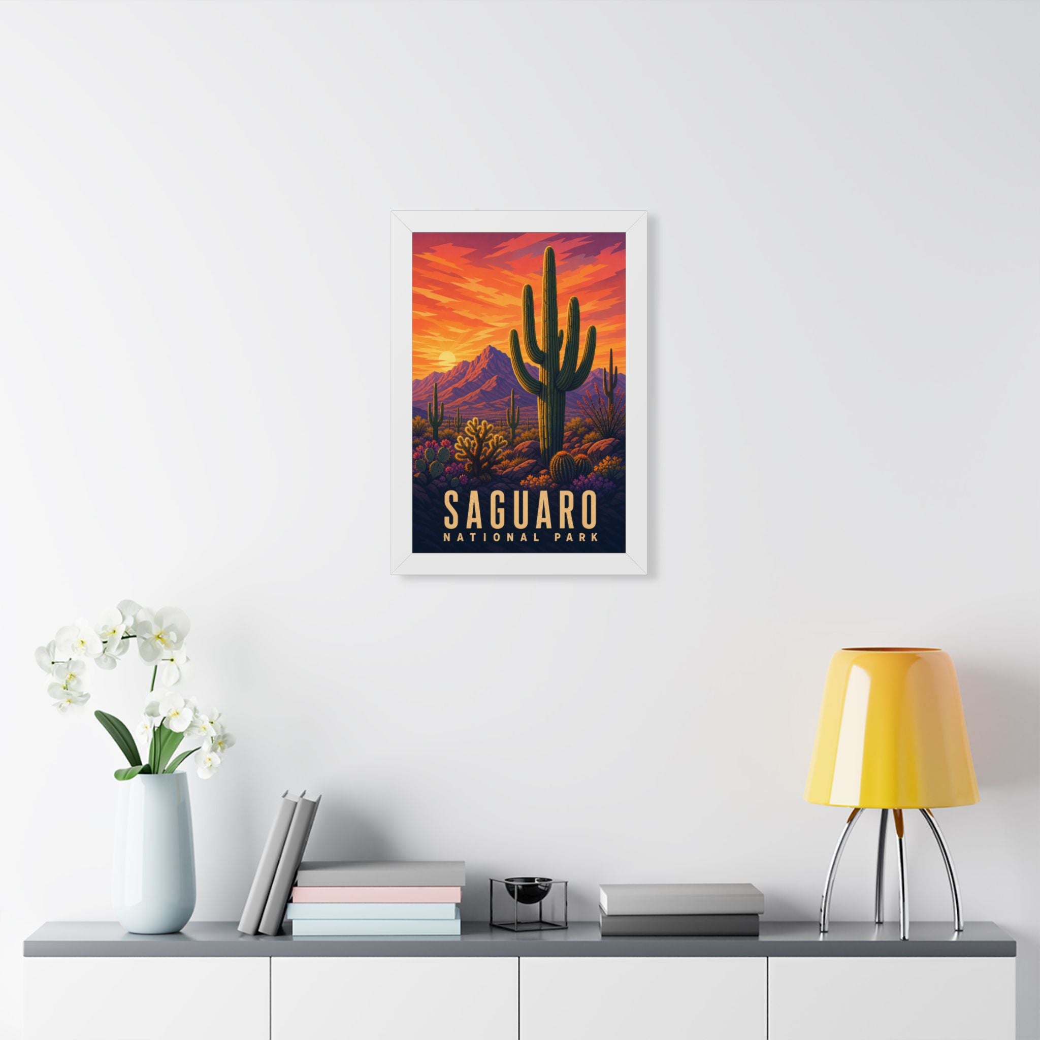 Saguaro National Park Framed Poster | Vintage Travel Wall Art | Black Walnut White Frame | 16x24 20x30