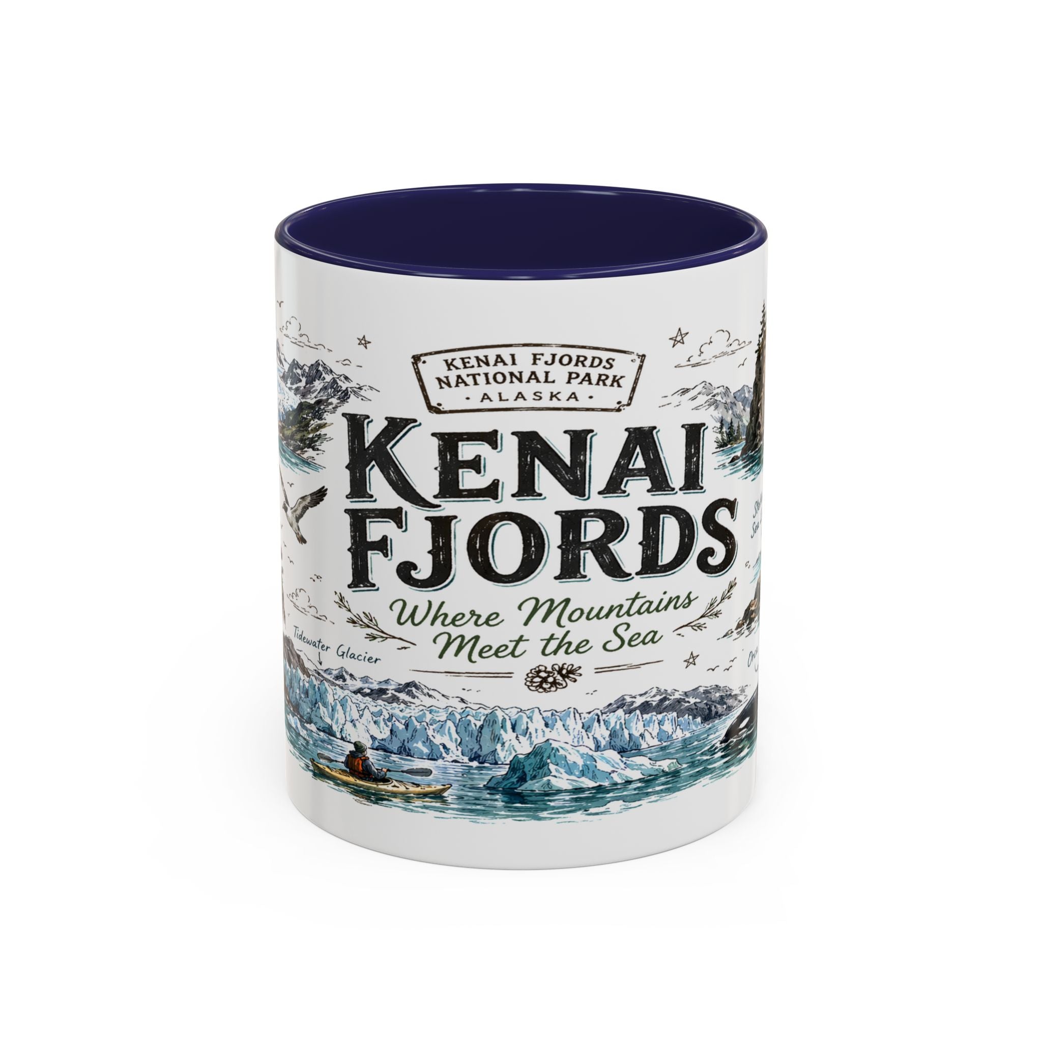 Kenai Fjords National Park Coffee Mug | Alaska Coastal Wildlife Hiking Gift | Accent Color Ceramic 11oz 15oz