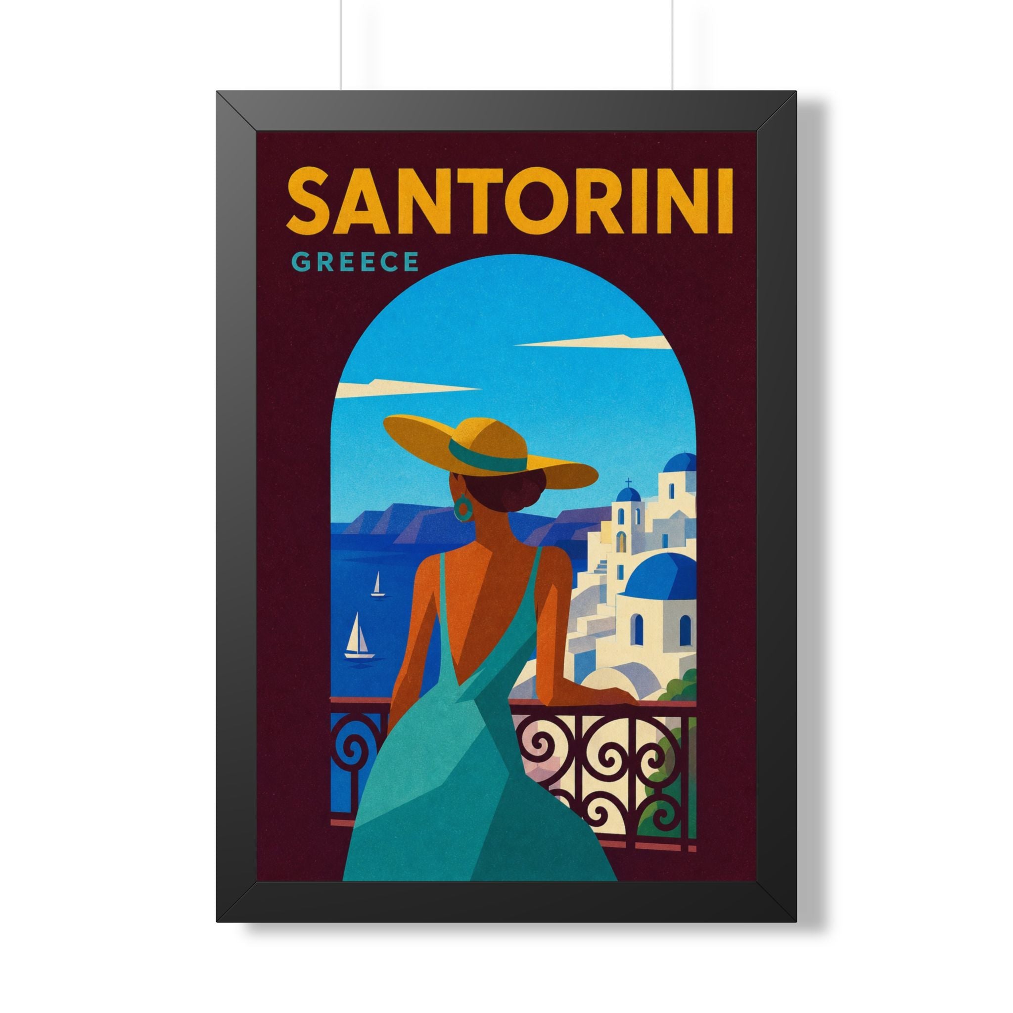 Santorini Greece Framed Poster | Vintage Travel Wall Art | Black Walnut White Frame | 16x24 20x30