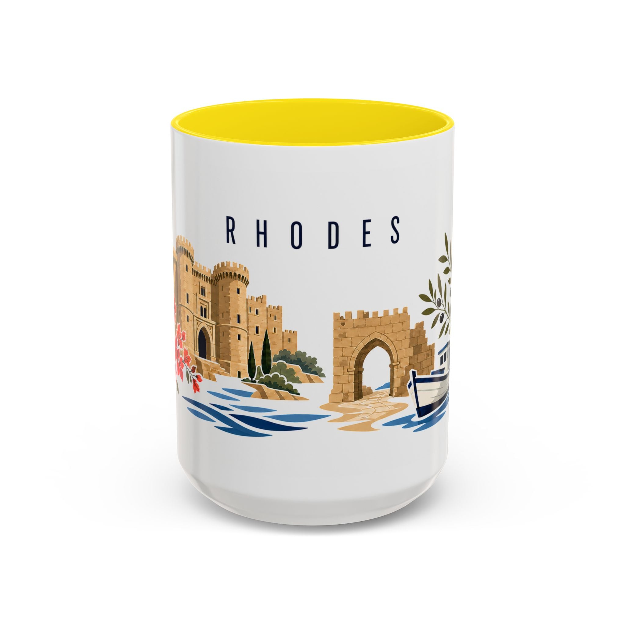 Rhodes Coffee Mug | Greece Travel Souvenir | Porcelain Decal City Gift | 11oz 15oz Accent Mug